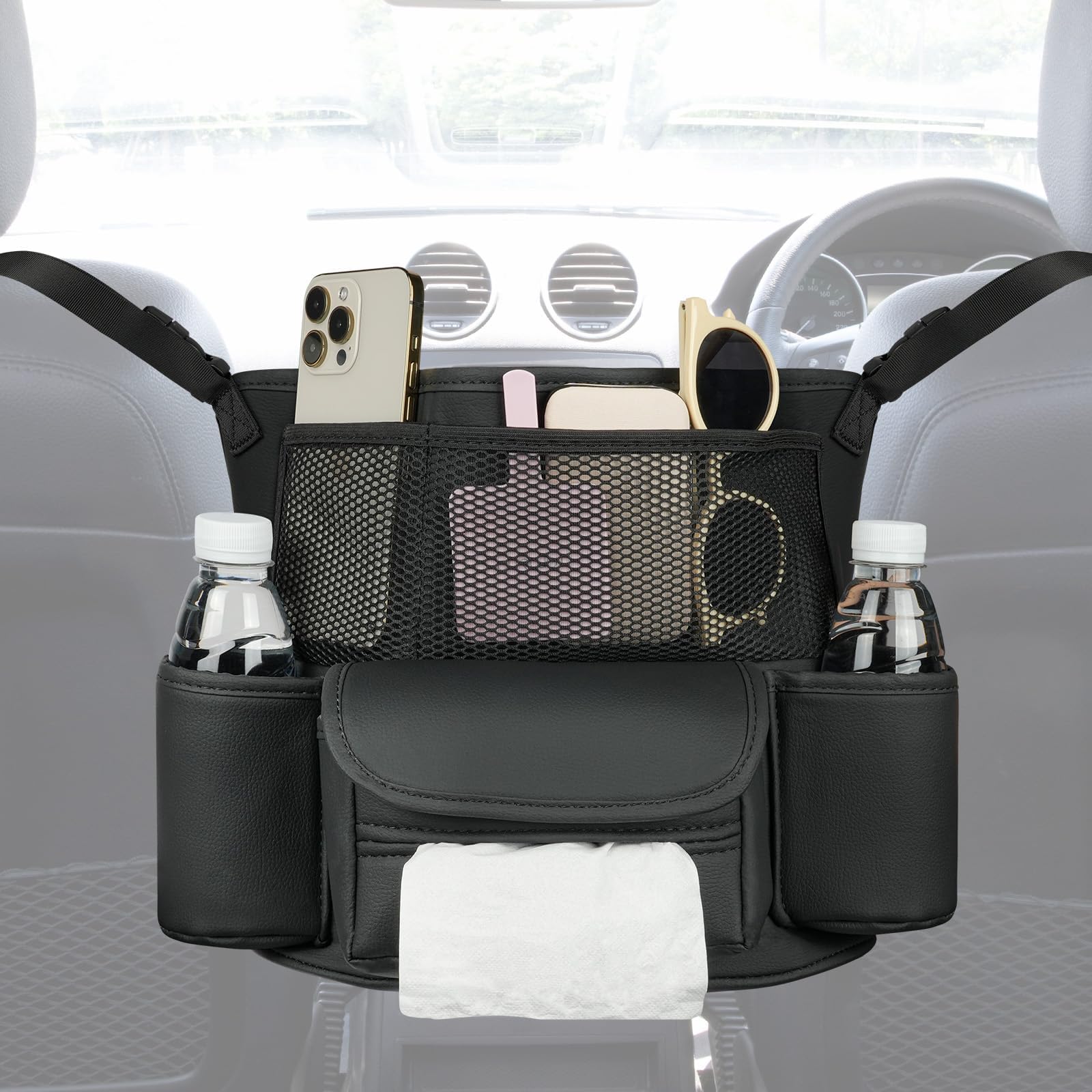 Adiwo Auto Organizer Zwischen Vordersitzen, Netztaschen Handtaschenhalter Aufbewahrungstasche Multifunktionales Große Auto Rücksitz Haustier Kinder Barriere Autonetz Tasche