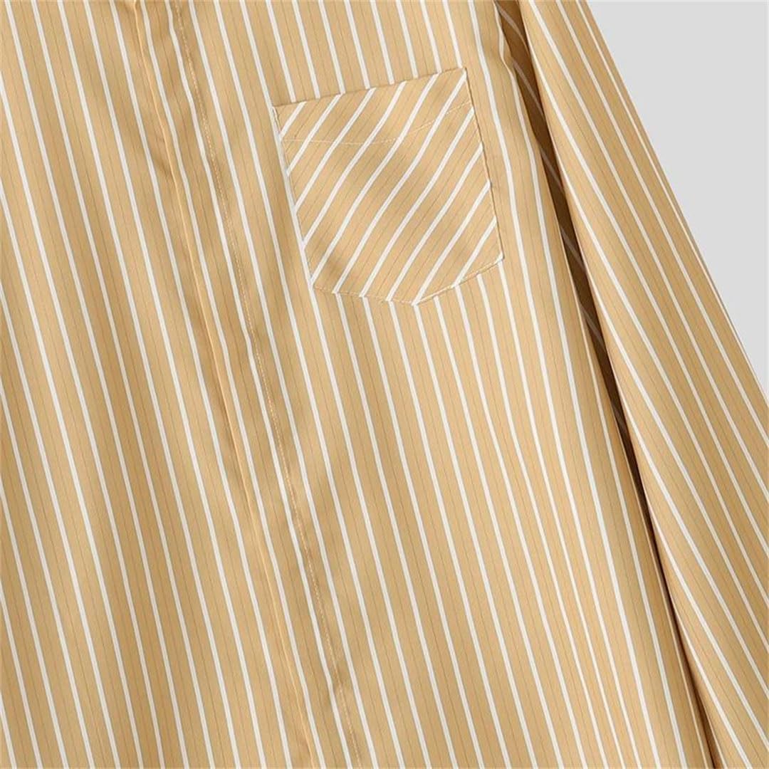 Men Spring Striped Patchwork Lapel Long Sleeve Shirt with Pockets Loose Casual Top