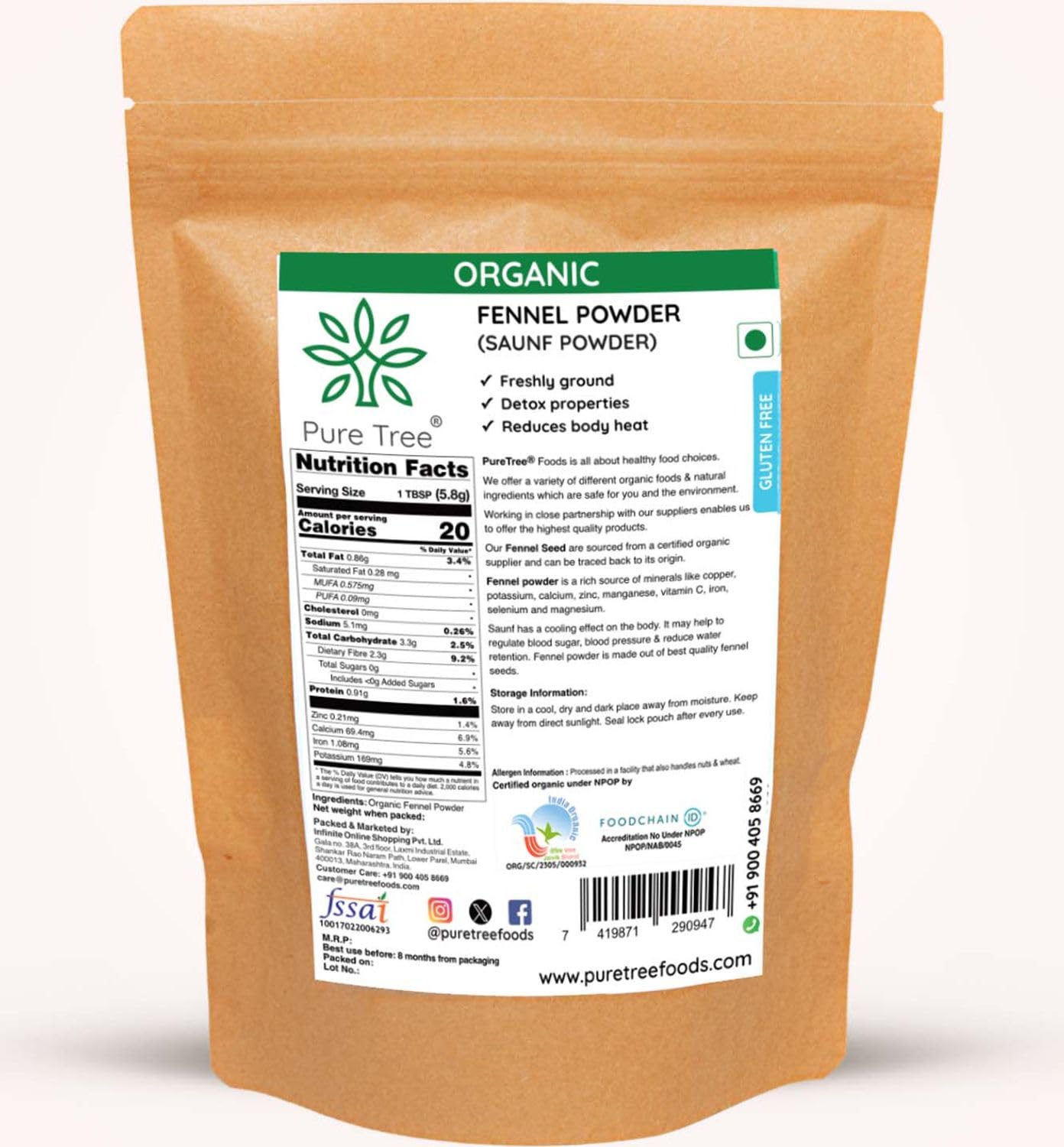 Pure Tree Certified Organic Saunf Powder | 250 g | Fennel Seed Powder | Variyali, Sompu Powder | Gluten Free & Flavourful