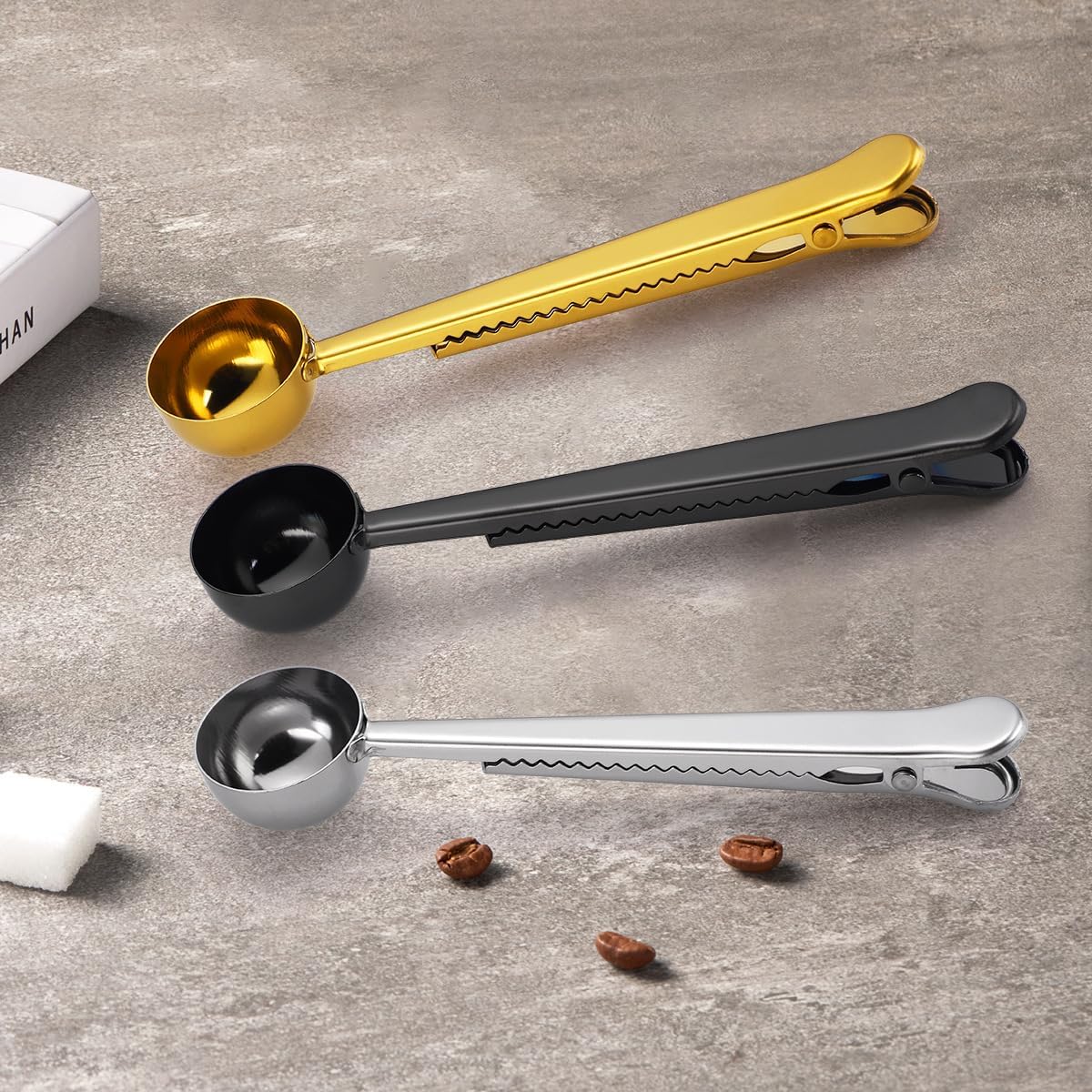 Silverware Flatware Set, 1/4/6/8/10/12 Pieces Multifunctional Stainless Steel Coffee Bean Measuring Spoons Household Baking Spoons Food Sealing Clip Kitchen Tools (Color : Black, Size : 1