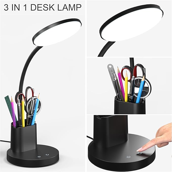 Vicsoon Desk Lamp, LED Desk Lamp for Home Office, Touch Table Lamp with 3 Color Modes 360° Adjustable Arm, Dimmable Desk Light with Pen Phone Holder, Black photo 2