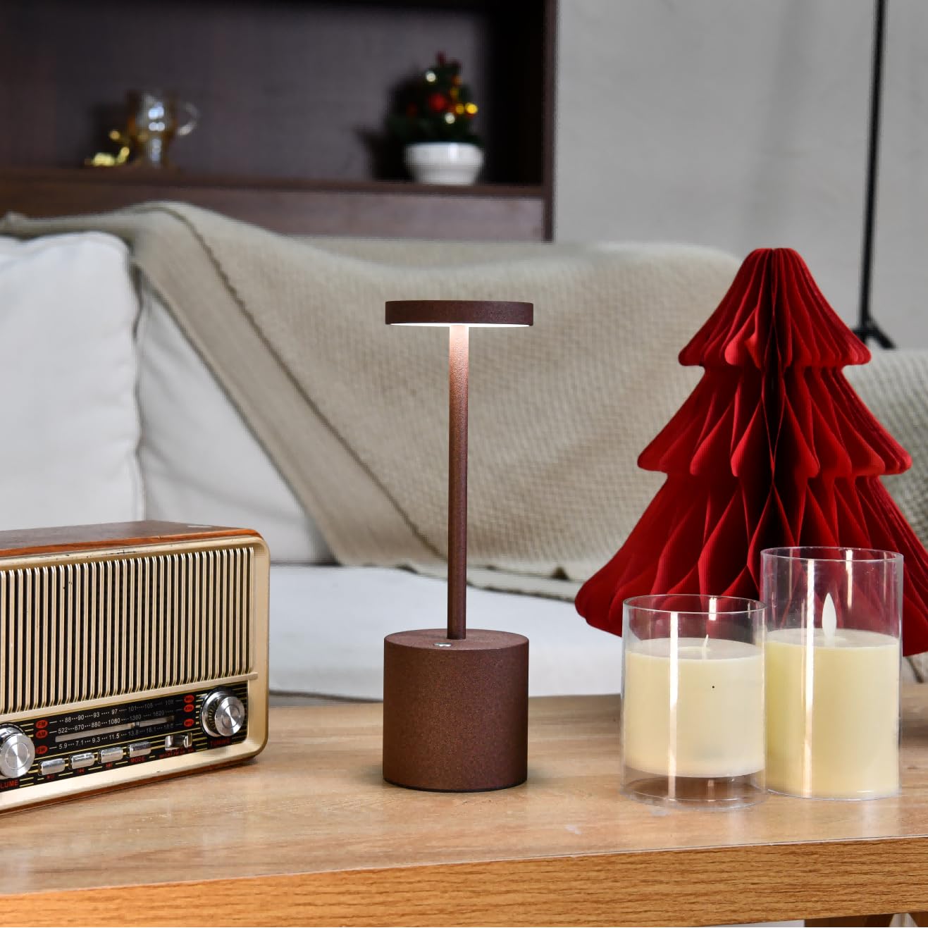 Lámpara de Mesa Inalámbrica, Batería Recargable de 5000 mAh, Lámpara de Mesilla de Noche de Metal, para Salón Dormitorio Oficina Estudio (Corten)