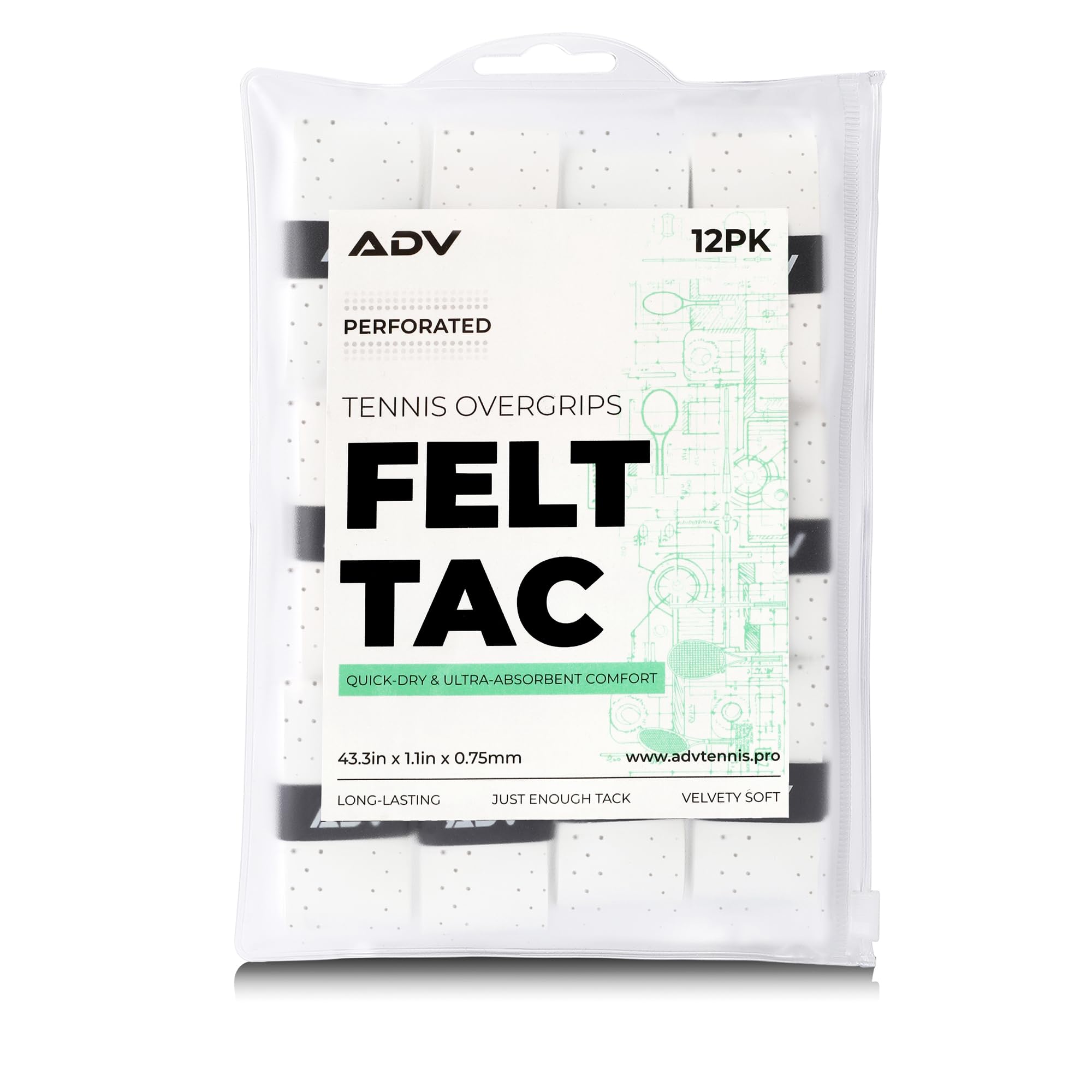 ADV - Cinta perforada de agarre para raqueta de tenis, paquete de 12 y 30 unidades, cinta de agarre de tenis ultra absorbente, agarres de raqueta de tenis altamente aterciopelados y cómodos, probados