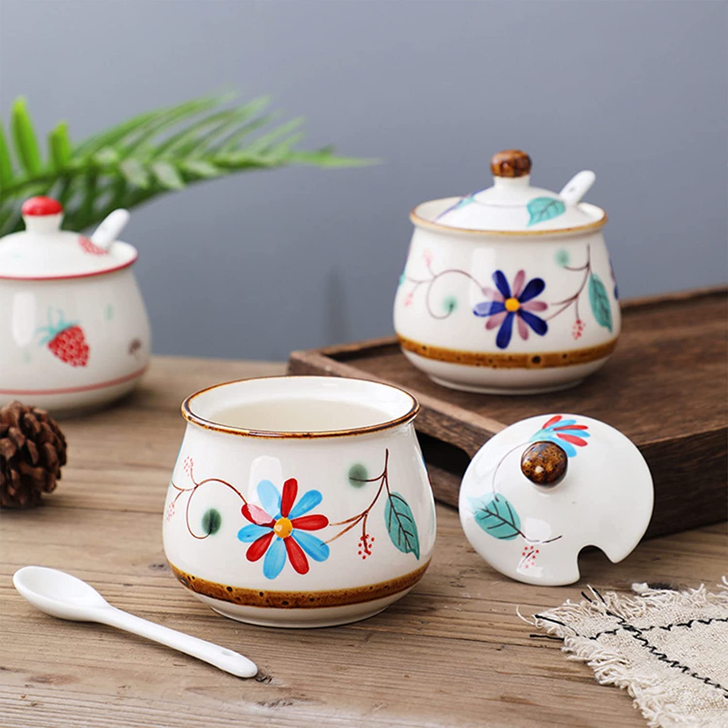 Azucarero de cerámica, jarra for crema, azucarero retro nórdico con tapa, tarro de almacenamiento con patrón dibujado a mano, azucarero de porcelana, tarro de especias, for cafetería, restaurante, azu