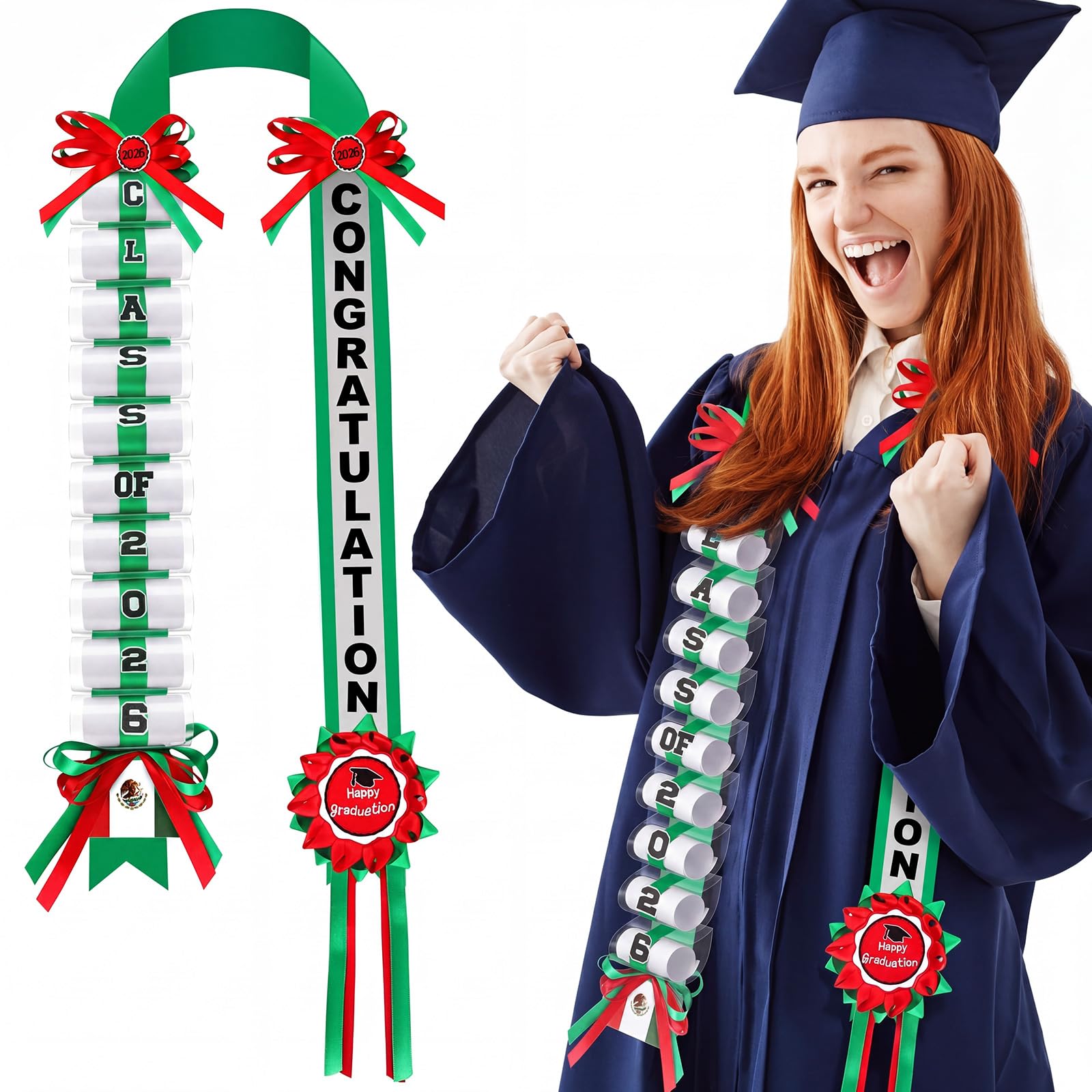 Photo 1 of Lyrow Green and Red Graduation Money Lei Class of 2026 Ribbon Money Lei Graduation Cash Gift for Congrats Graduates Grad Leis with Cash Holder for Senior High School Party Supplies (Classic)