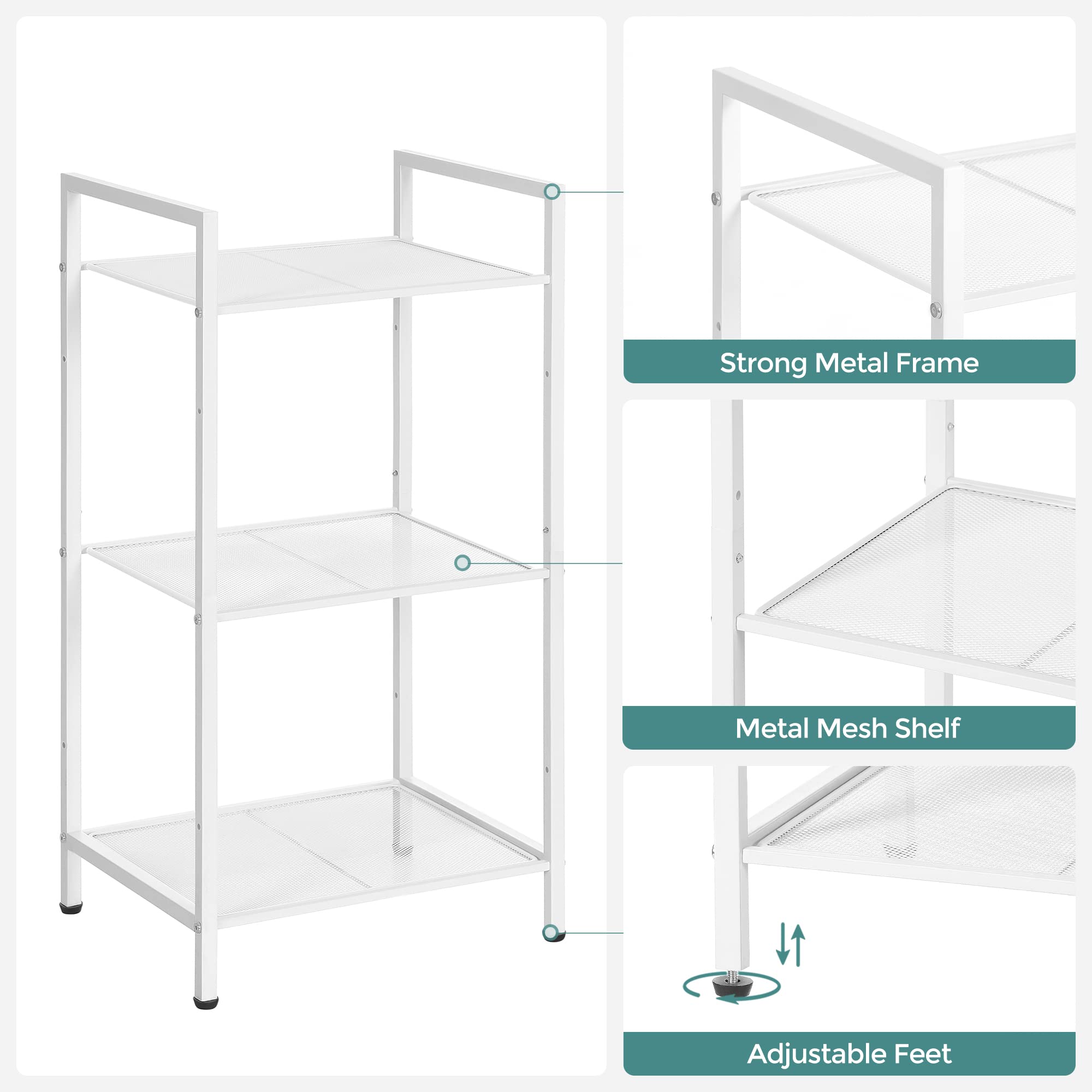 SONGMICS Scaffale portaoggetti a 3 livelli personalizzabile per bagno, soggiorno, balcone, cucina, bianco UBSC033W01