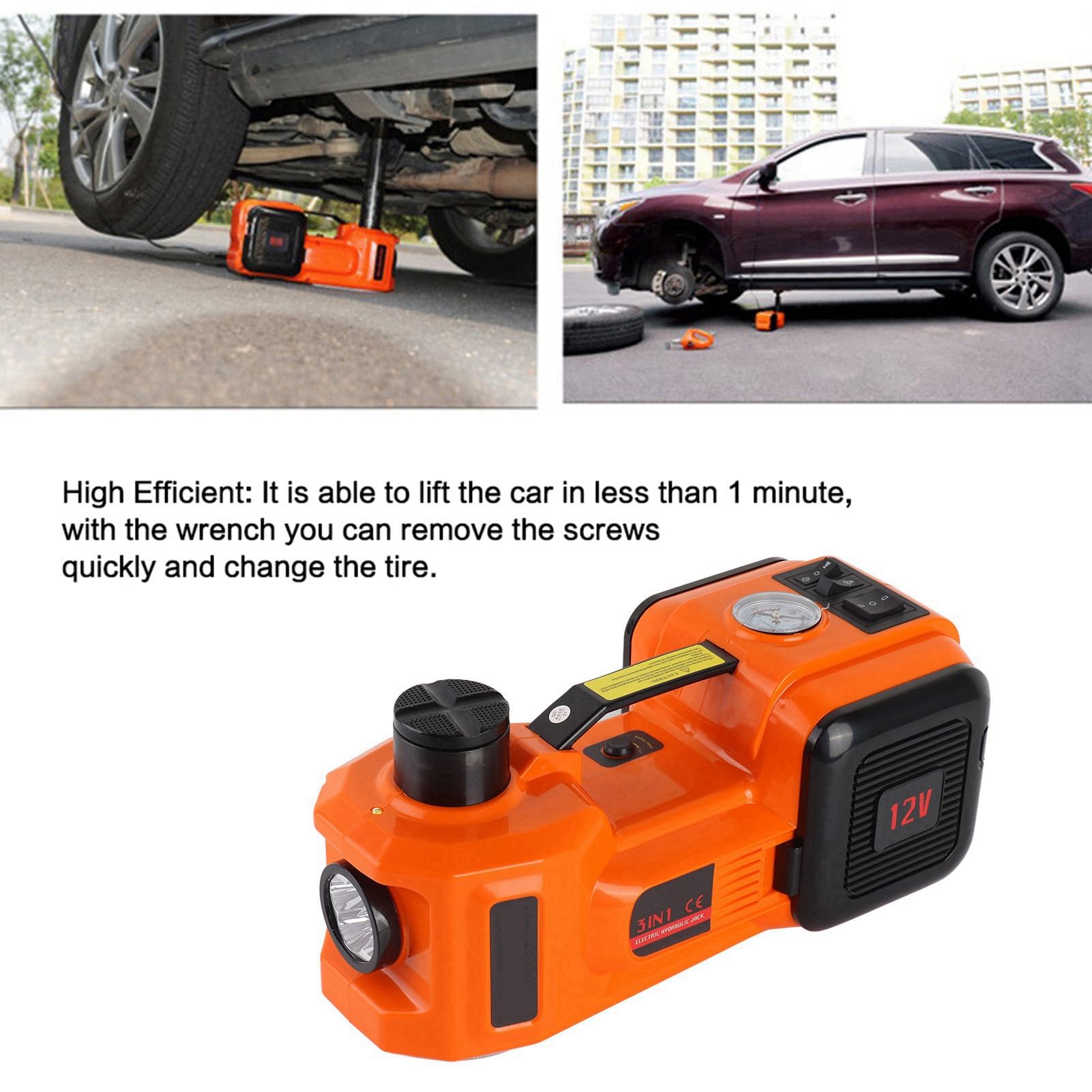 Gato Hidráulico Eléctrico 5 Toneladas, Kit Ruedas 12V con Maletín Plástico, Equipo Asistencia Carretera con Linterna LED, Rango Elevación 135-360mm