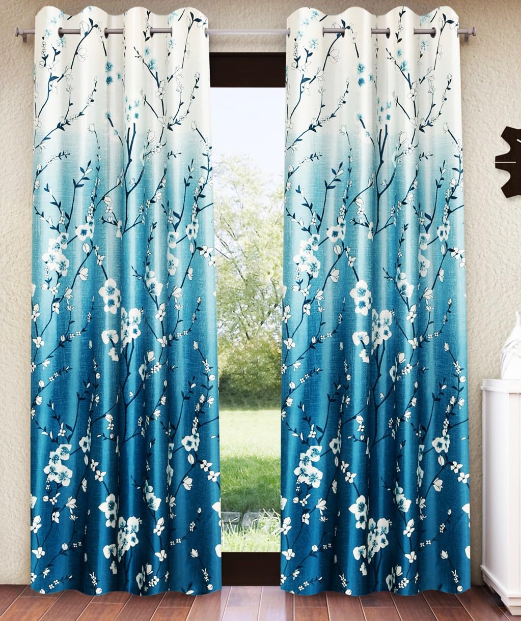 Home Sizzler 2 Pieces Ombre Blossom Branches Grommet Eyelet Polyester Semi-Transparent Window Curtains – 5 Feet, Aqua-image-44