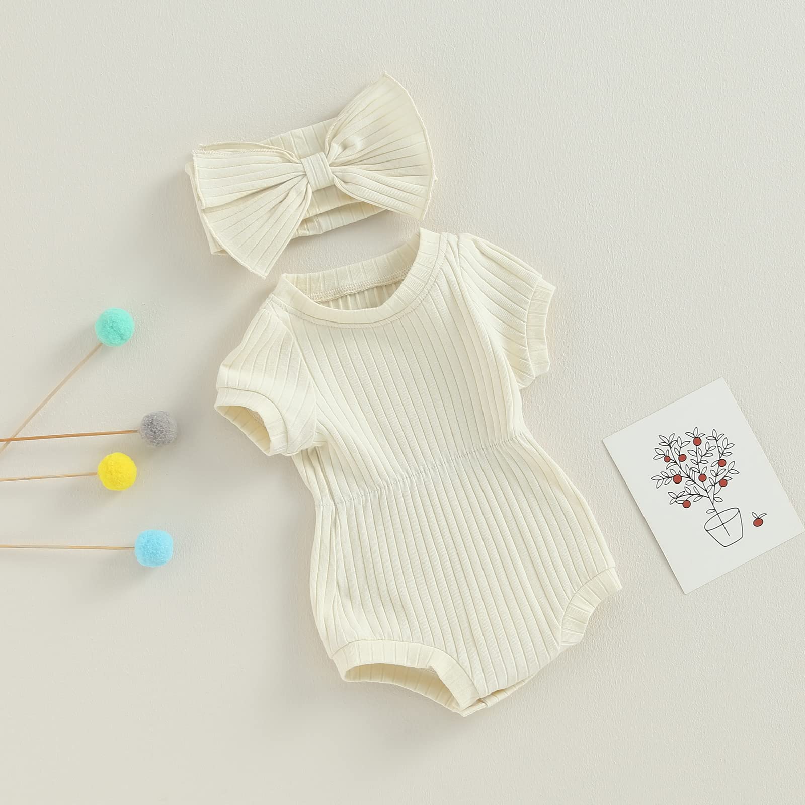 Kodaruber Baby Girl Outfit Knit Onesie+Bow Headband Short Sleeve Romper Newborn Coming Home Outfit Infant Summer Clothes(Beige,12-18 Months)