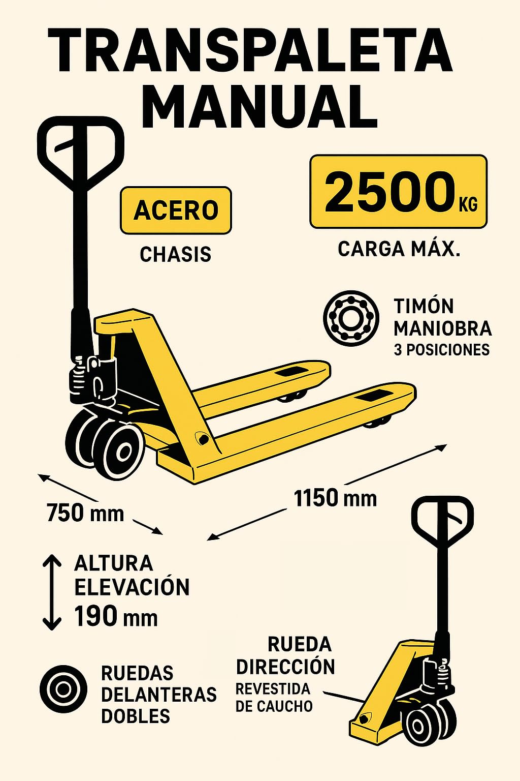 Benza Transpaleta BZ251150 Horquilla Larga, (Carga 2500 kilos, Horquillas Altura 75 – 190 mm, Estructura en Acero)