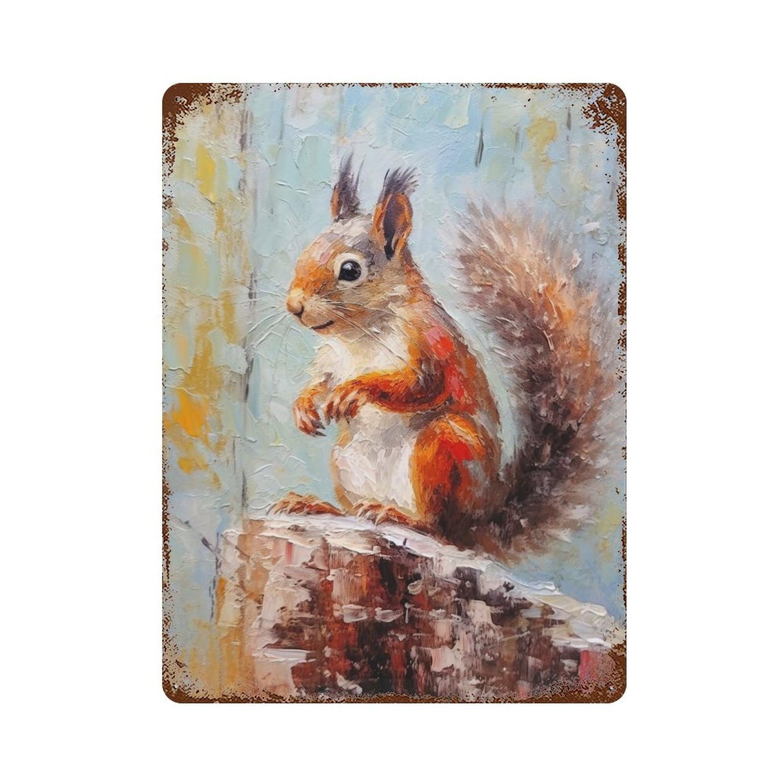 Distressed Metal Wall Sign with Palette Squirrel Painting Design 15.7"x11.8", for Living Room, Hallway And Home Decor, Vintage Wall Decor
