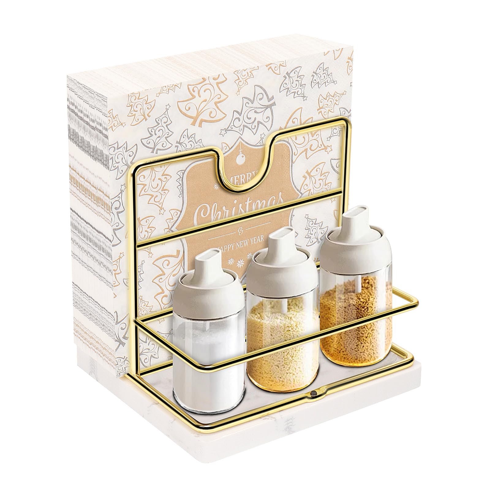 Livabber Servilletero con base de mármol, servilletero de metal con salero y pimentero, moderno dispensador de servilletas con estante de condimentos para especias para mesa, cocina, encimera (dorado)