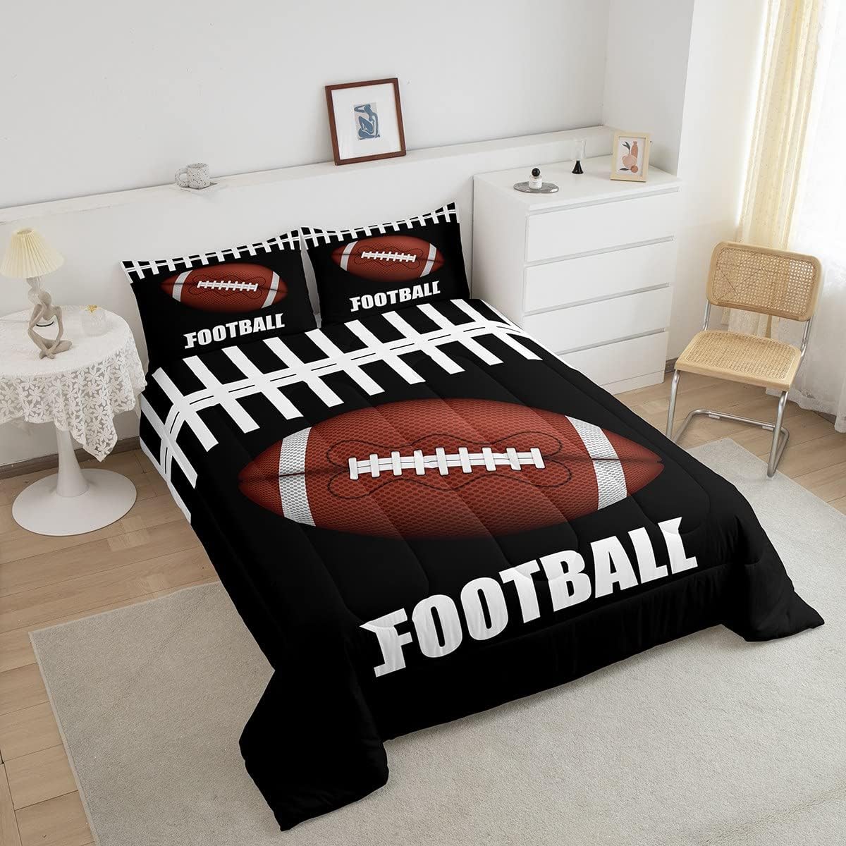 Erosebridal Football Comforter Sets for Boys Queen Size American Football Bedding for Kids Girls Teens Soft Warm Quilts Rugby Sports Fans Sports Games Duvet Insert Stripe Down Comforter 3Pcs - Image 3