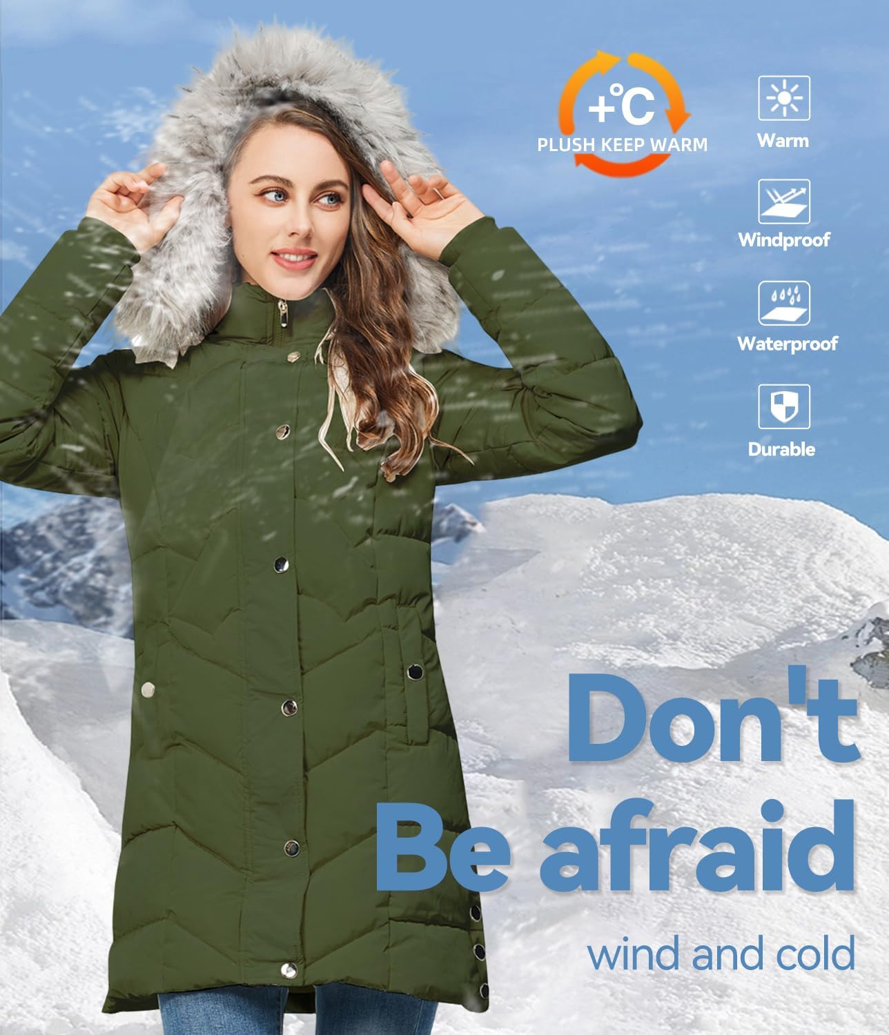 TRATENBY Women's Winter Long Puffer Coats Warm Jackets Parka With hood Waterproof - Image 3