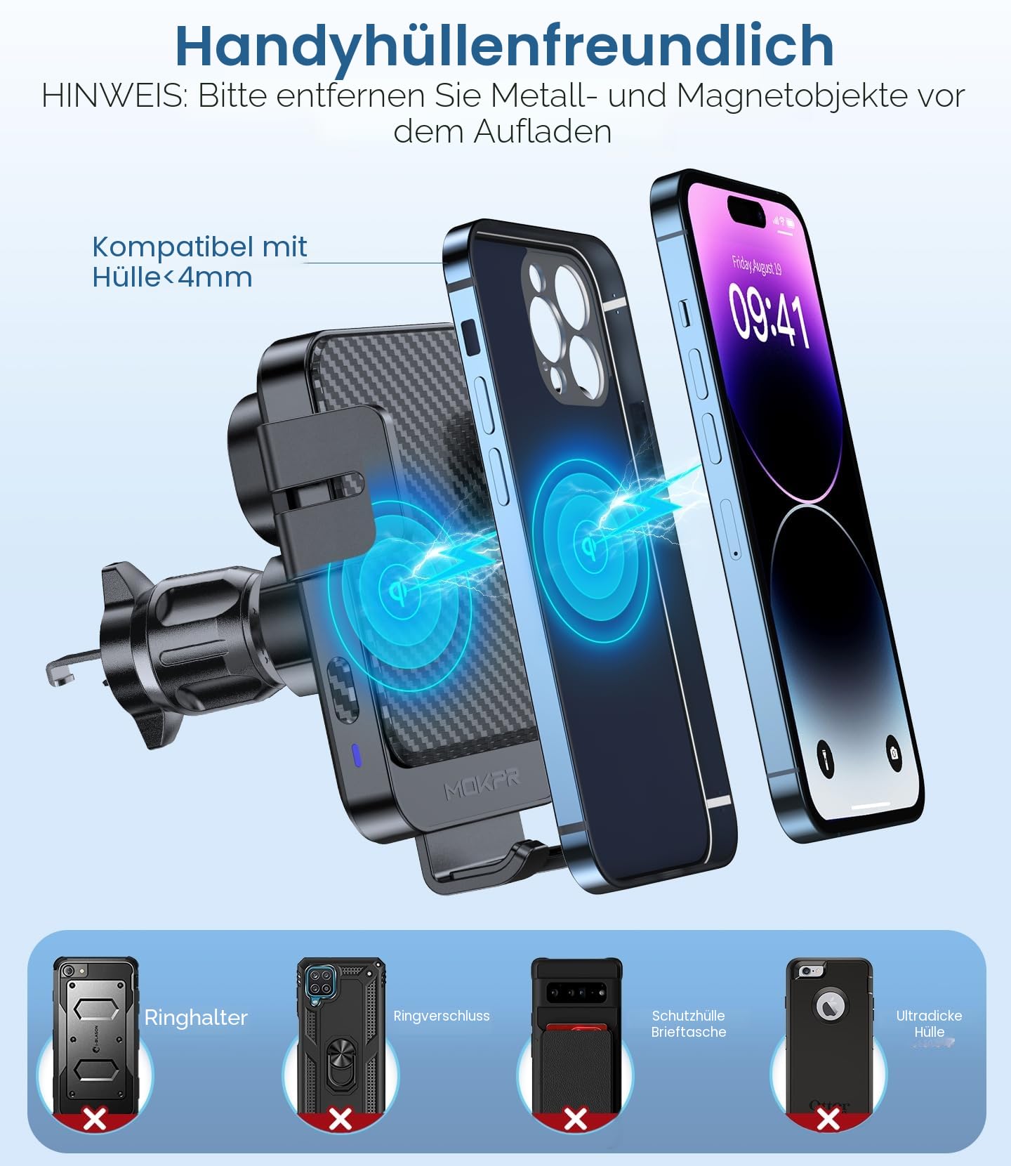 MOKPR Handyhalterung Auto mit Ladefunktion, 15W Fast Wireless Charger Auto Halterung Induktives Laden Induktion Kfz Ladegerät für iPhone 17/16/15/14/13/12, Samsung Huawei Xiaomi(Schwarz)