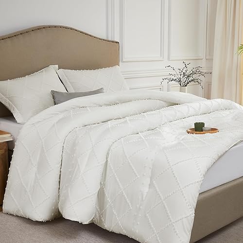 Quataly Juego de edredón bohemio Queen  Juego de edredón copetudo beige acogedor para todas las estaciones  Juego de cama moderno de 3 piezas con