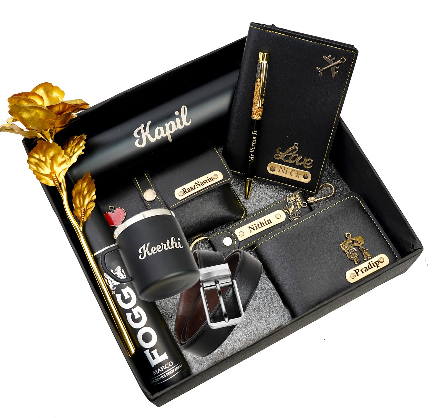 Your Name Customized Mens Gift Hamper Set with Water Bottle, Passport Cover, Pen, Men Wallet, Sunglasses Cover, Keychain, Men Deodorant, Golden Rose and Mens Belt and Coffee Mug (Black)-image-35