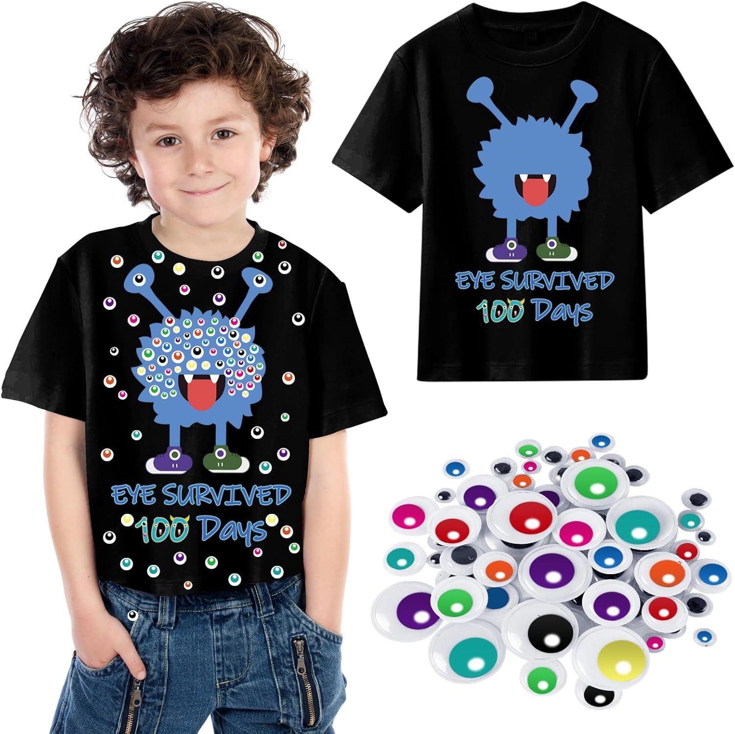 100th Day of School DIY Shirt Kit DIY T-Shirt with Pom Poms Googly Eyes for Kid Art Creative School 100 Days Party