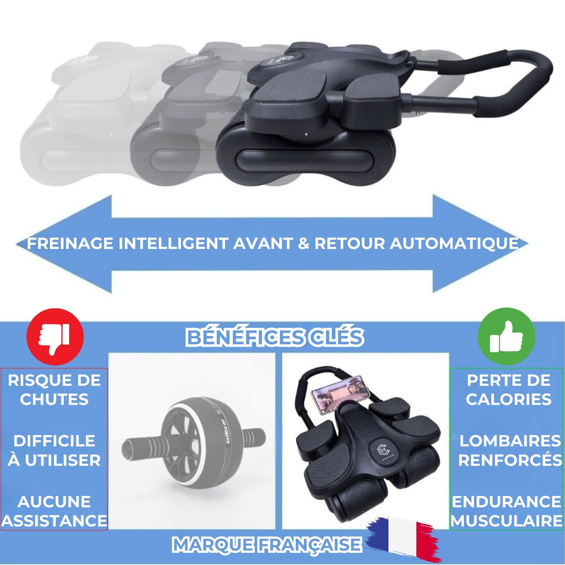Roue Abdominale Assistée. Roulette Abdominaux robuste. Le Rouleau Abdominale Pour Hommes & Femmes. Roulette Abdos A Rebond Automatique. Adapté Au Gainage Avec Ses 4 Roues !
