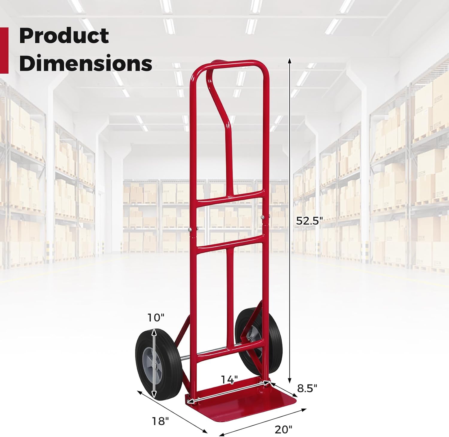 Goplus Metal Hand Truck, Heavy-Duty 600 LBS Moving Dolly Cart with P-Handle & 10" Rubber Wheels, Lay Flat Hand Cart with Foldable Base Plate for Home, Warehouse, Garage (Red)
