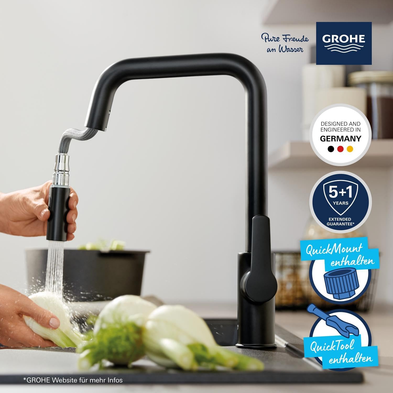 GROHE Start, Küchenarmatur 2 Strahlarten (Wasserhahn Küche, ausziehbare Brause, 360° schwenkbar, wassersparend dank variabler Mengenbegrenzung, werkzeugfreie Spülbecken-Montage), schwarz, 306312430