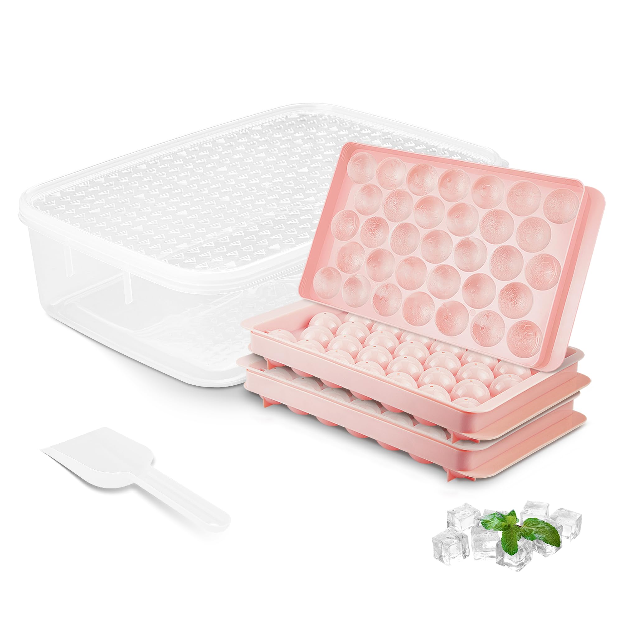 ice Cube Tray for Freezer With Lid and Bin, 1''x66 Round ice Cube Mold With Container, ice Ball Maker Mold Sphere ice Mold For whiskey, Drinks, Coffee and Cocktails (3)
