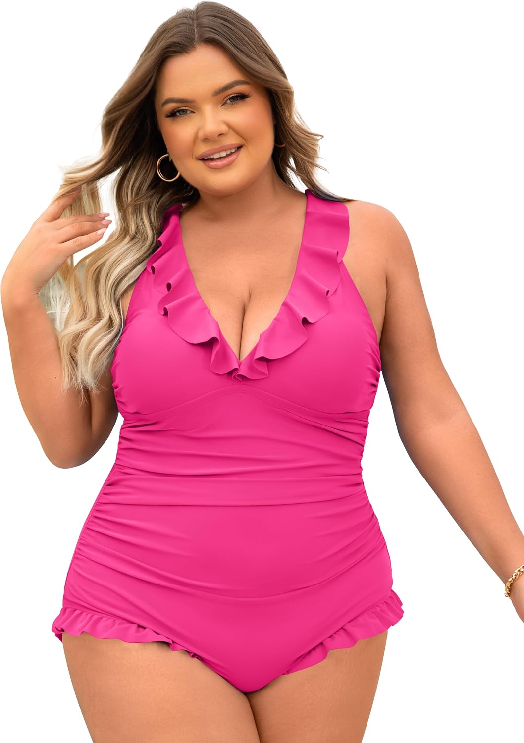 One Piece Swimsuit Women Plus Size Deep V Ruffle Neck Bathing Suit Cross Straps Tummy Control Modest Swimwear XL