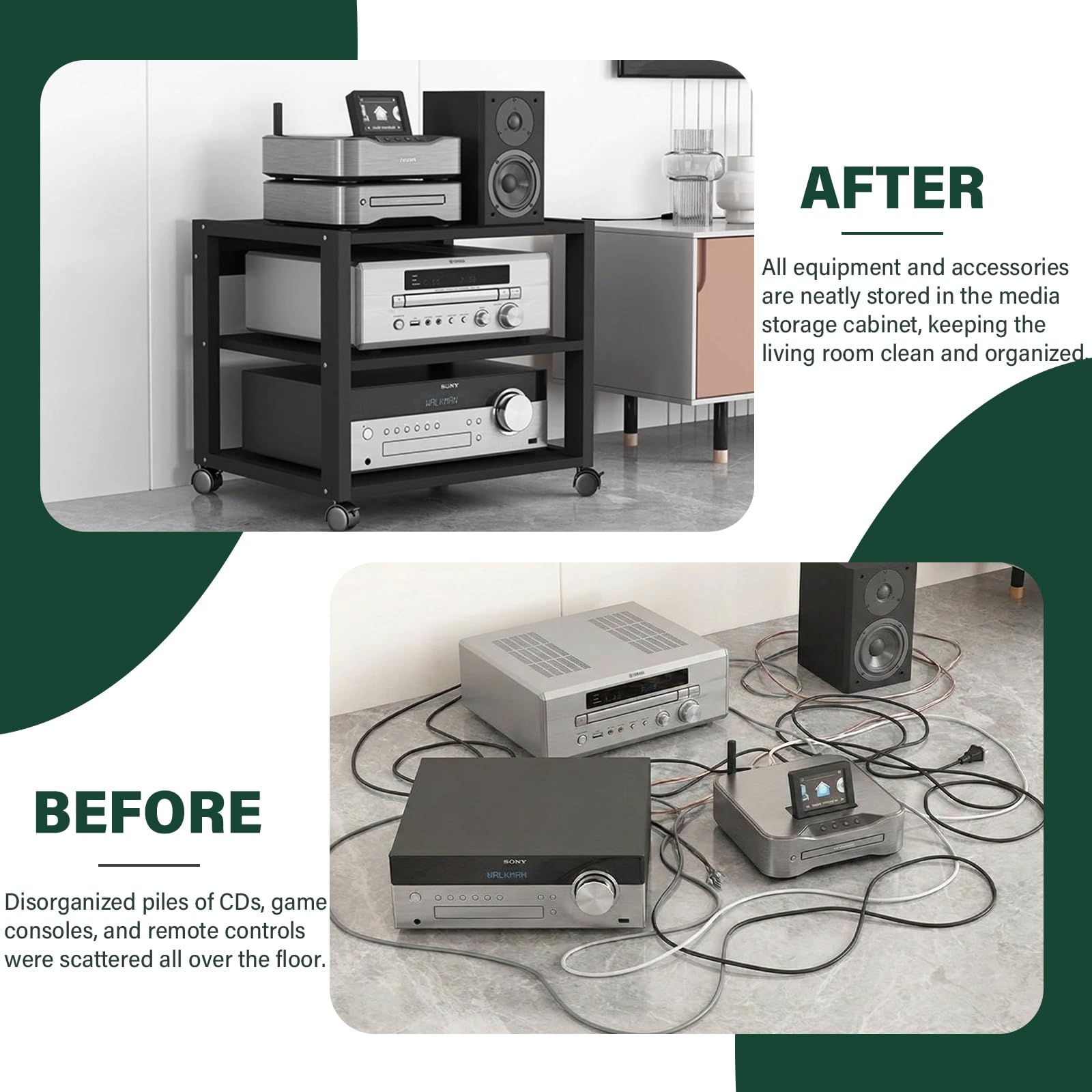 Mobile Hi-Fi Rack Audio a 3 Ripiani, Supporto Stampante con Ruote, Tavolino Porta Stereo per Giradischi e Amplificatore, Scaffale Multiuso in Metallo per Ufficio e Casa, Nero