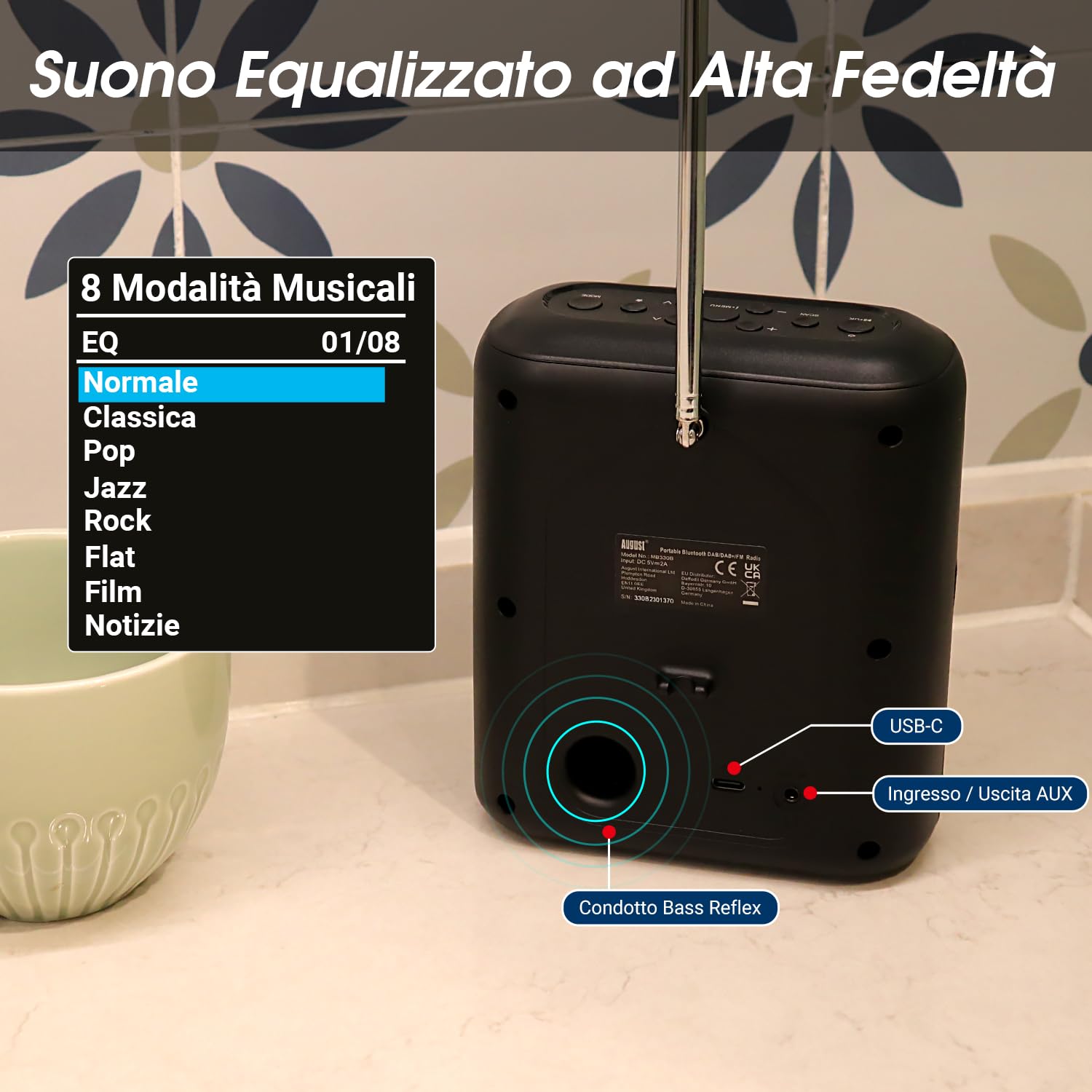 August MB330 Radio DAB Portatile con Bluetooth - DAB/DAB+/FM Radio Digitale, USB Ricaricabile Doppio Radiosveglia, 60 Preset,Timer Spegnimento,AUX In/Out,EQ,Display Colori per Cucina, Camera e Outdoor