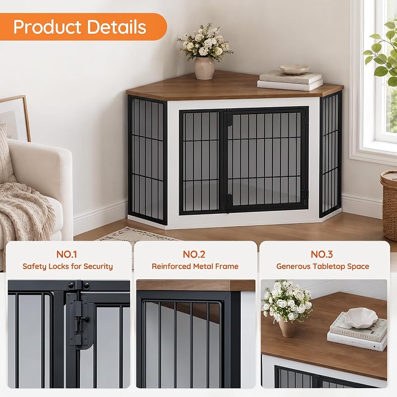 HOOBRO Corner Dog Crate Furniture, Decorative Dog Kennel End Table, Farmhouse Dog Crate TV Stand for Small and Medium Dogs, Walnut, White and Black BWH90GW03 image 3