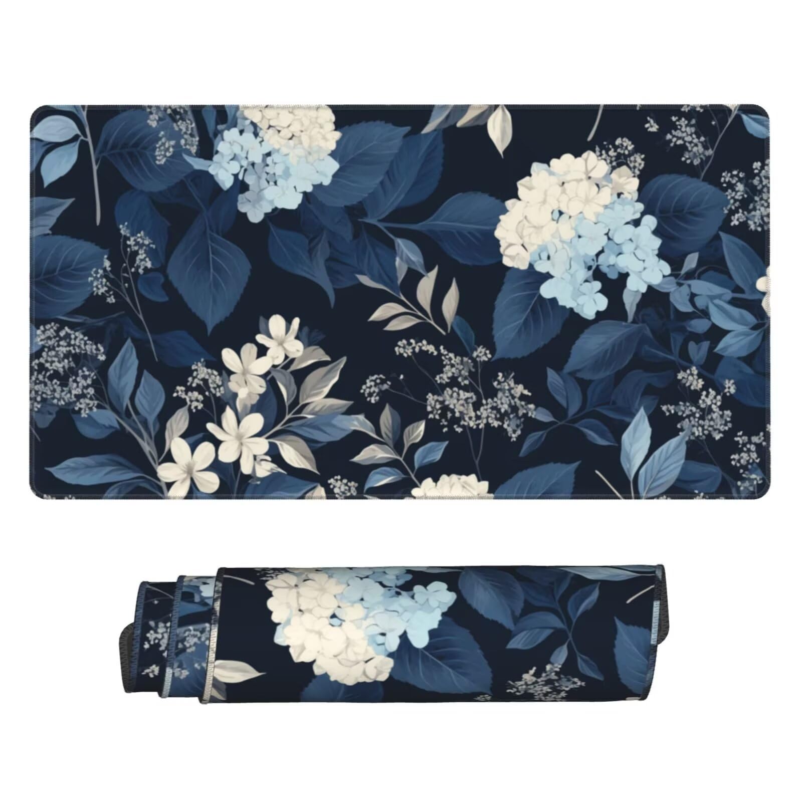 Gaming Mauspad XXL 1200x600x3mm Mousepad Verlängertes Groß Mauspad Schreibtischauflage,Genähte Kanten rutschfeste Gummibasis,Verbessert Präzision Geschwindigkeit Office Blumen Blaue Blätter L-2706