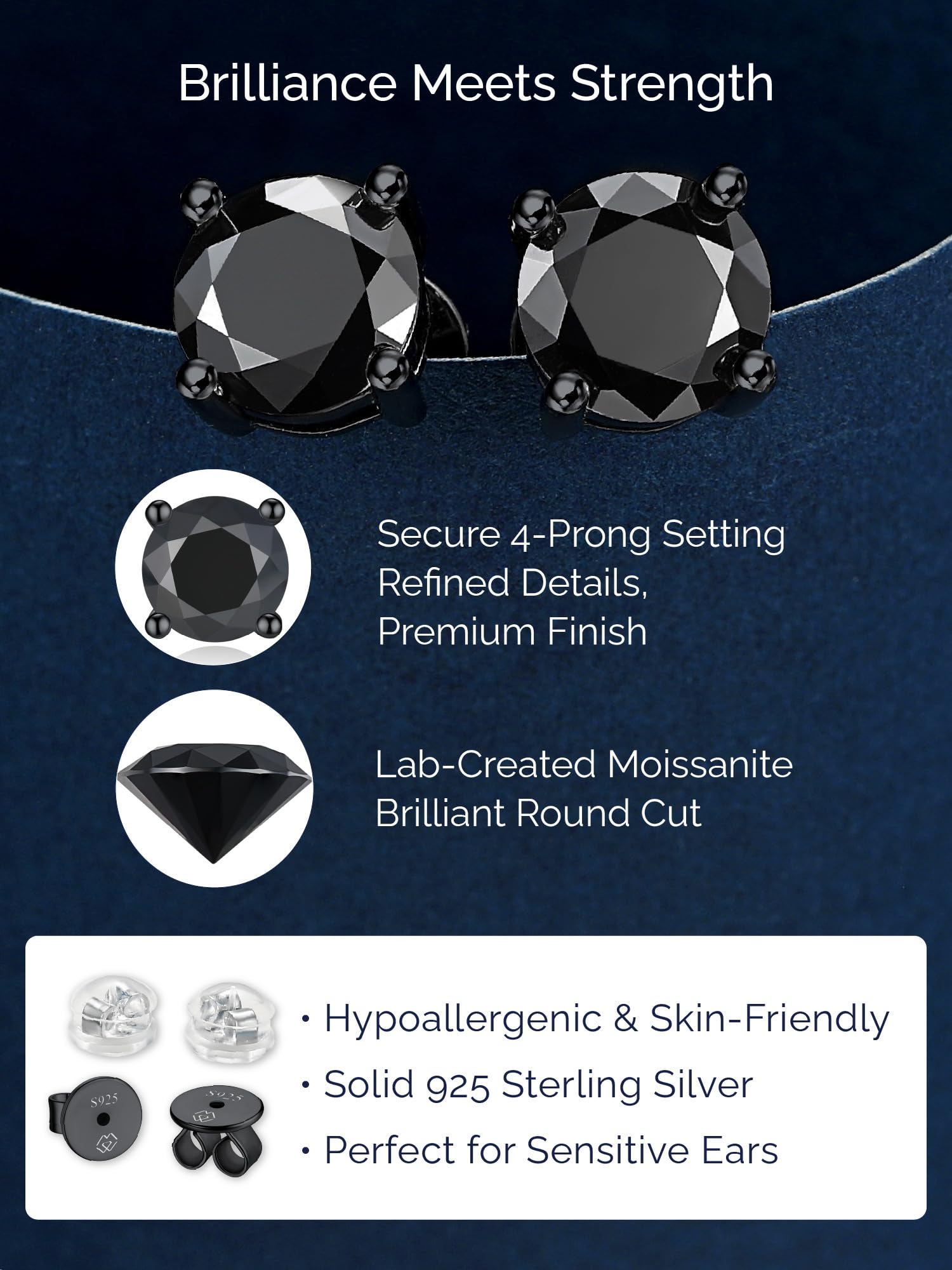 MomentWish Boucle d'oreille Homme, 1-4 Carats Moissanite Boucle d oreille Noir Diamant Argent Sterling 925 Bijoux Cadeau Homme pour Lui 4/5/5.5/6.5/8 mm