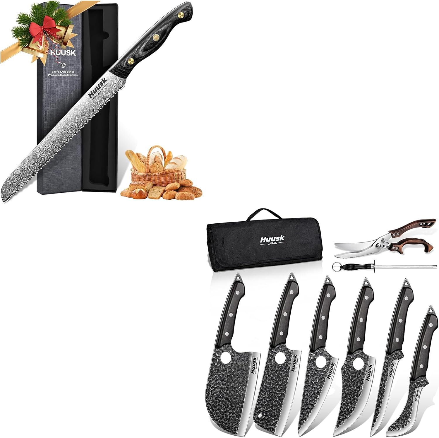 Huusk Serbian Chef Knife Set - 6Pcs Bundle with a Damascus Serrated Bread Knife,Viking Boning Knives with Bag for Kitchen Outdoor BBQ Camping,Birthday Gift Idea Men
