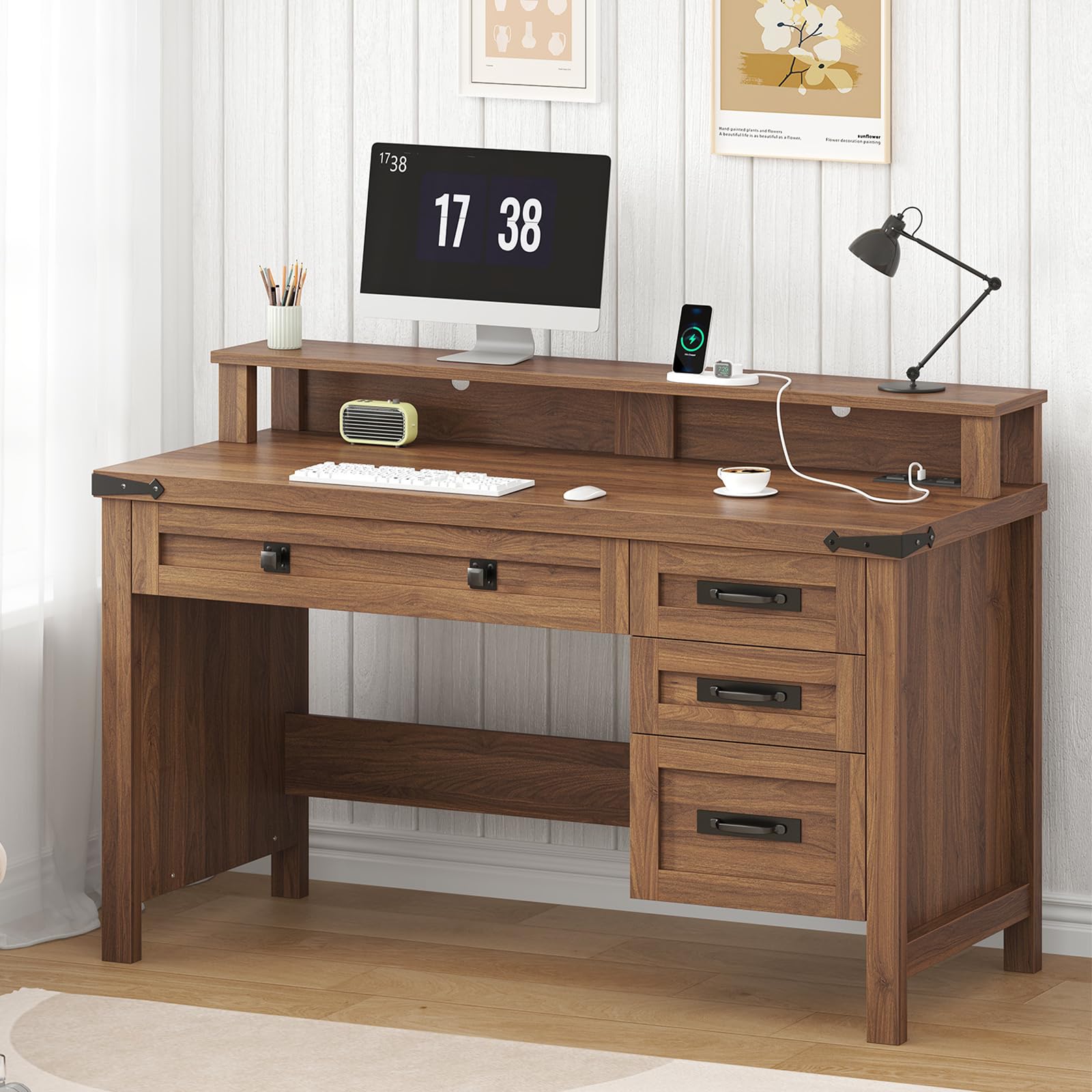 YOMILUVE brown 47 inch farmhouse desk with 4 drawers and power outlets