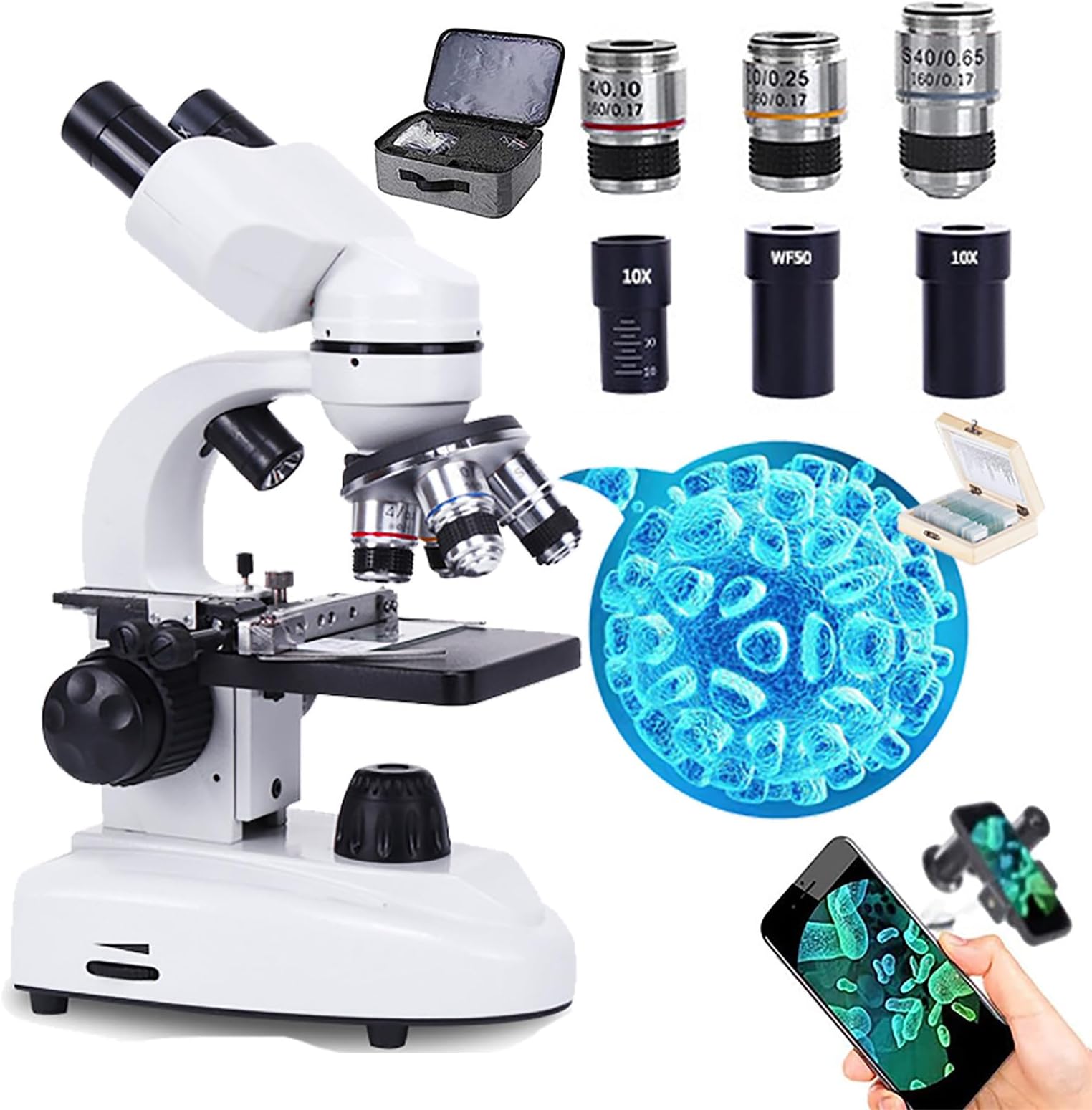 Compound Binocular Microscopes(30000x/50000x/70000x), With Mechanical Platform Slides Set, Luxury Handbag + Phone Holder, For Lab School,50000X