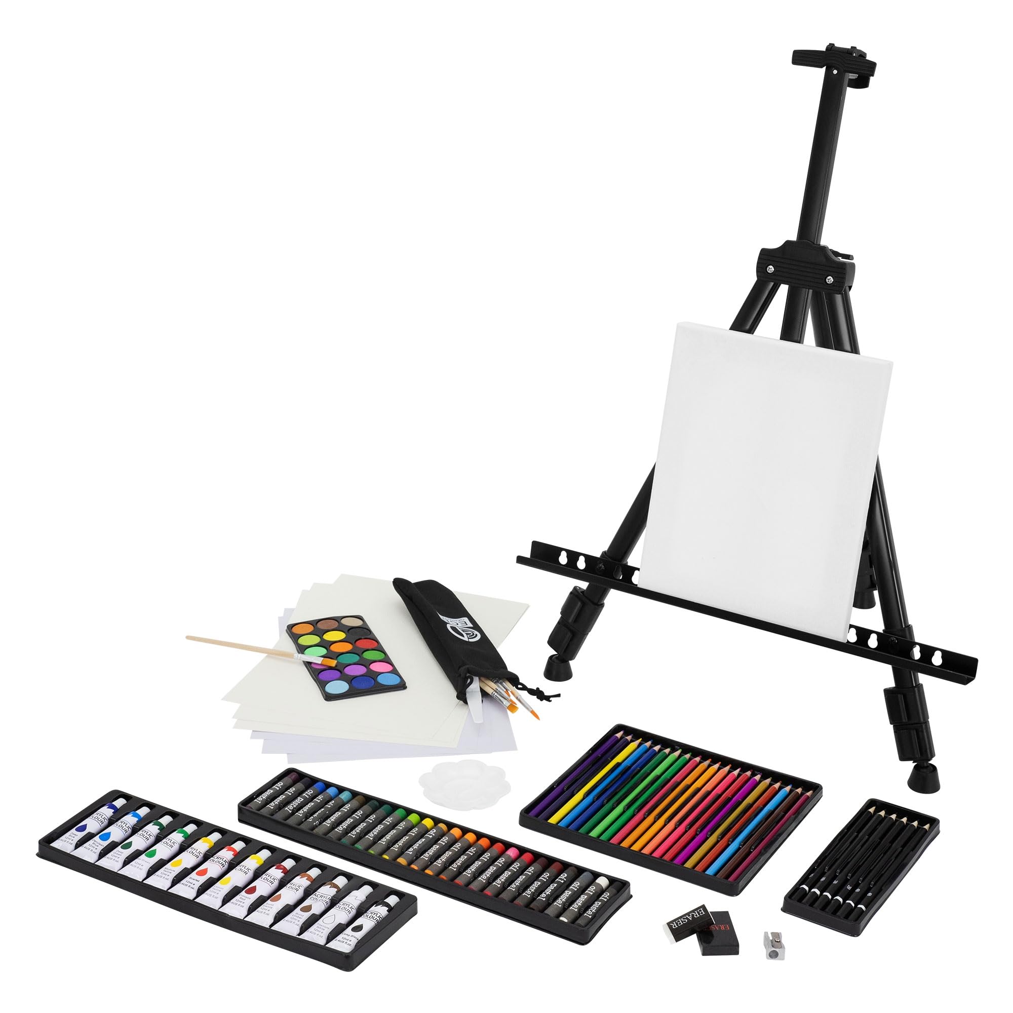 ECD Germany Set de Peinture avec Chevalet en Métal, 140 Pièces, Kit d'Artiste Pastels à l'Huile Acrylique Crayons de Couleur Pinceaux, Sac de Transport, Chevalet d'Atelier Trépied extensible 156 cm