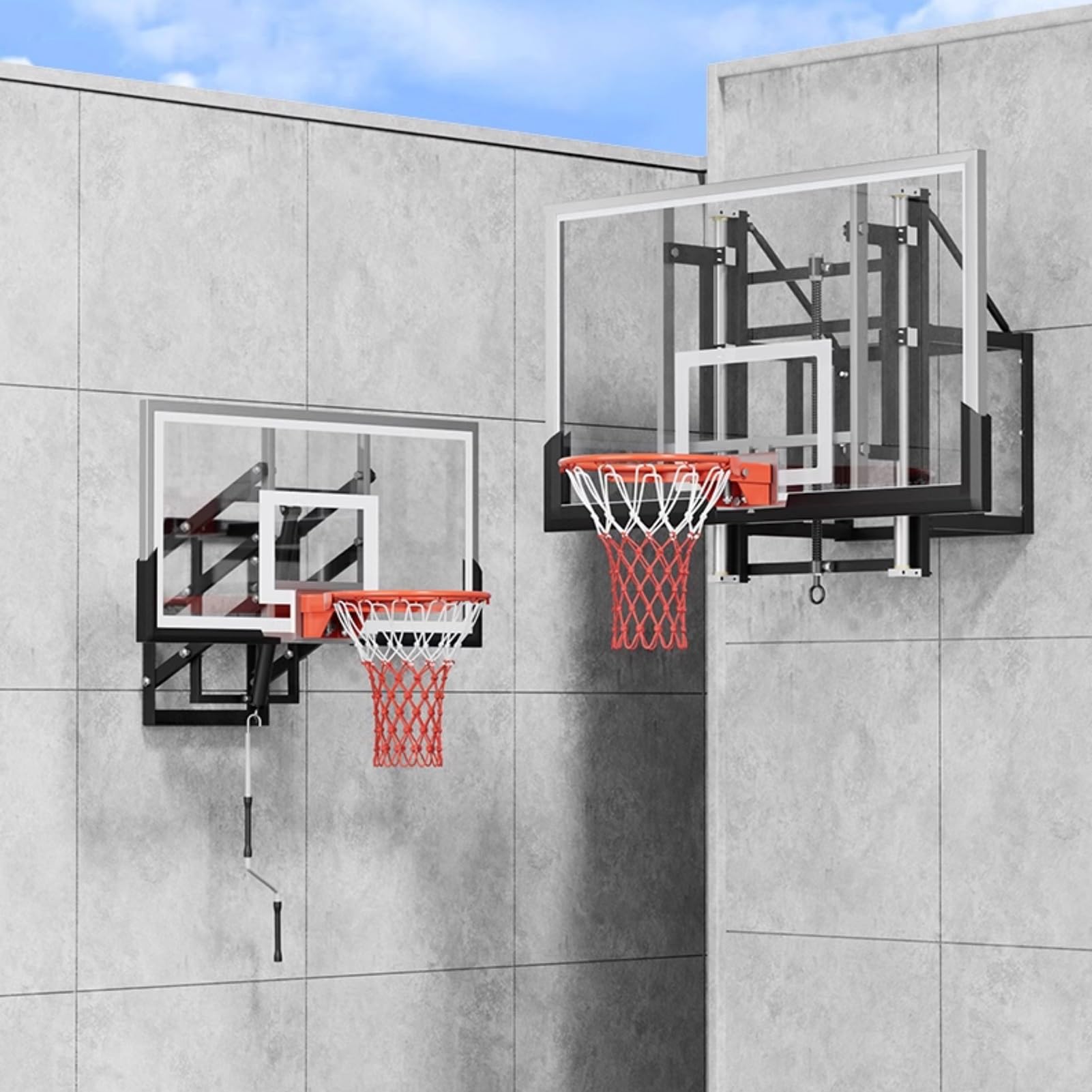 Wall Mount Heavy Duty Tempered Glass Backboard 70 Inch, with Vertical Lifting with Double Rails Basketball Backboard and Rim, Outdoor Wall Mount Basketball Hoop for Gyms Garages Schools