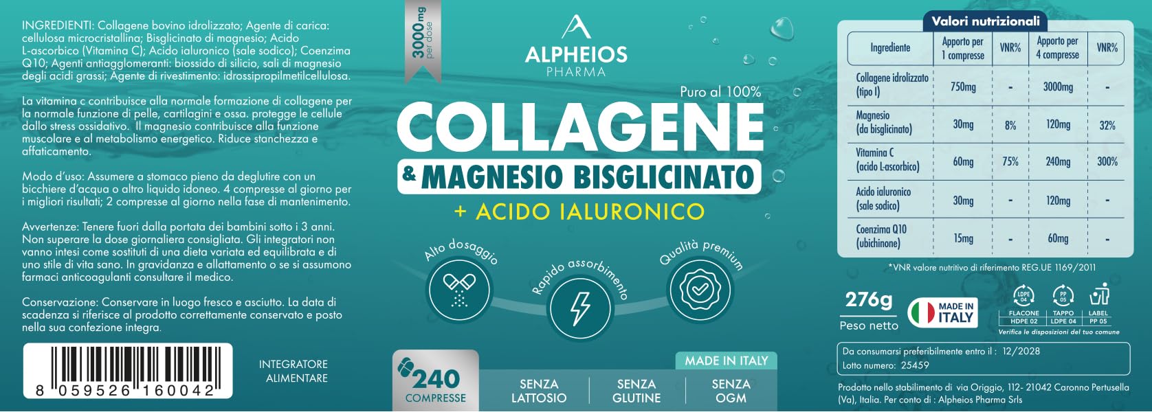 Collagene e Acido Ialuronico + Magnesio Bisglicinato – 240 Compresse, 3000 mg Collagene Idrolizzato con Vitamina C e Coenzima Q10 | Integratore Articolazioni, Ossa, Pelle ed Energia