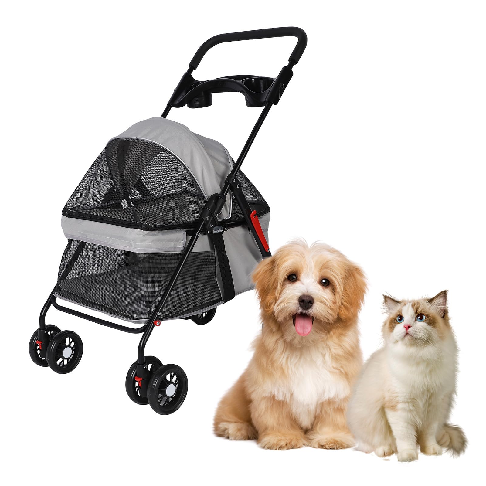 Carrito para Perro Plegable Transpirable con Cesta de Almacenamiento, Portavasos, Ideal Mascotas Medianas y Pequeñas (Mismo Diseño)