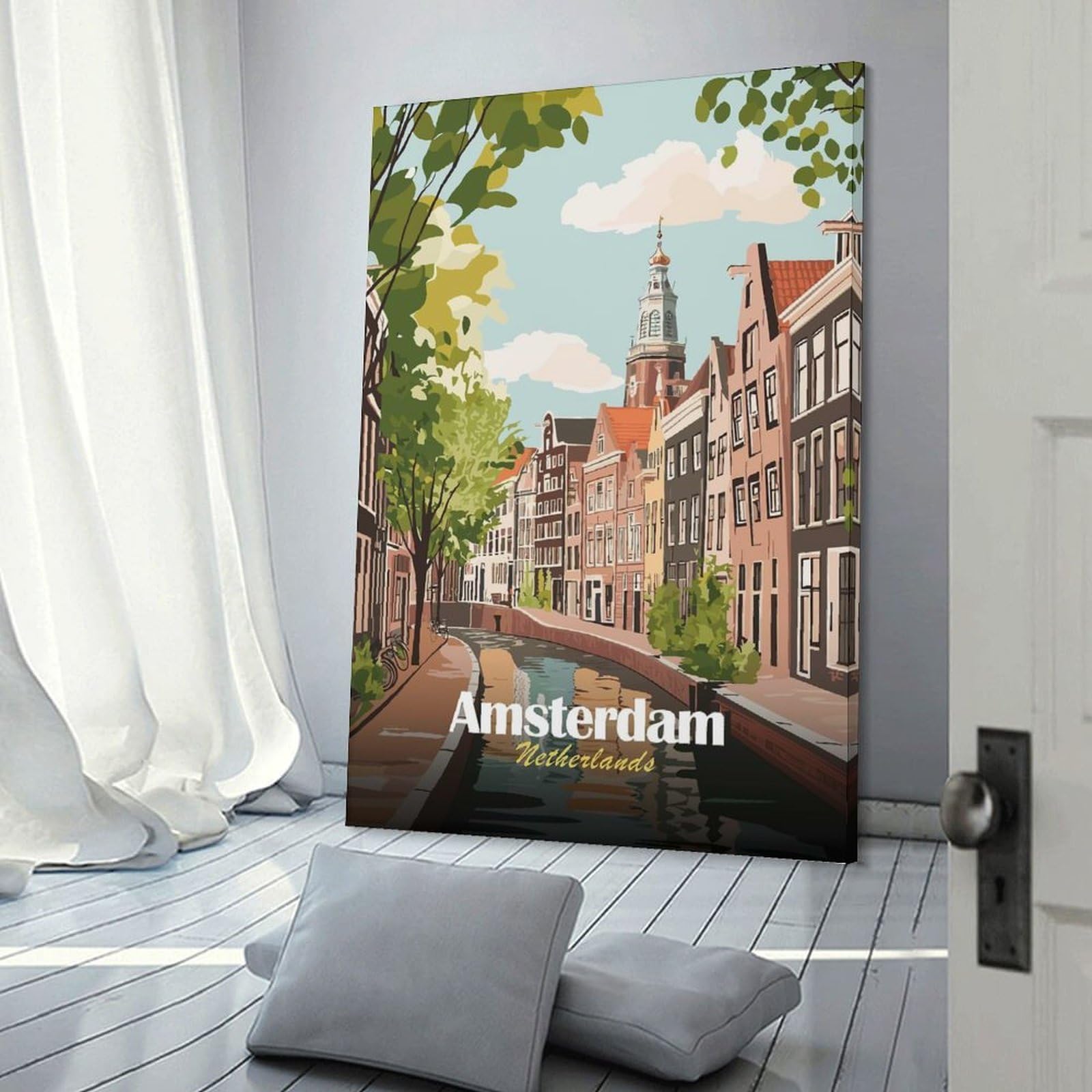 Junmoney Amsterdam Netherlands Canal Cityscape Illustration Canvas Art Print, 20x30inch(50x75cm), for Wall Displays, Bedrooms Or Room Updates, Home Wall Art for Statement Displays