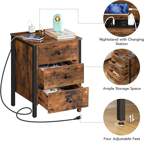 Miniatura 4 de HOOBRO Mesita de noche con estación de carga, mesa auxiliar con 3 cajones y estante de almacenamiento, mesa auxiliar con puerto USB, mesa de noche