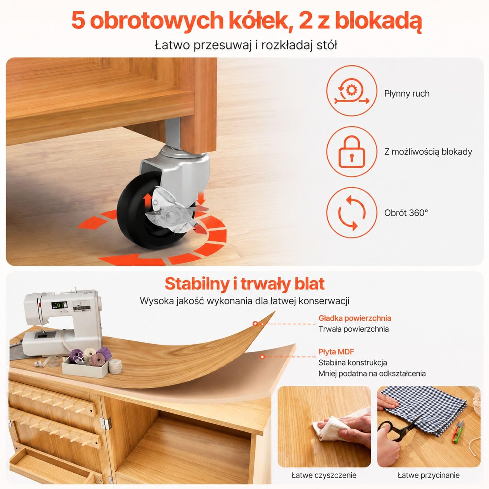 Składany stół do maszyny do szycia z kółkami, półkami, schowkami, drewnianymi kołkami i magnetycznymi drzwiczkami, MDF i PB, naturalny kolor drewna