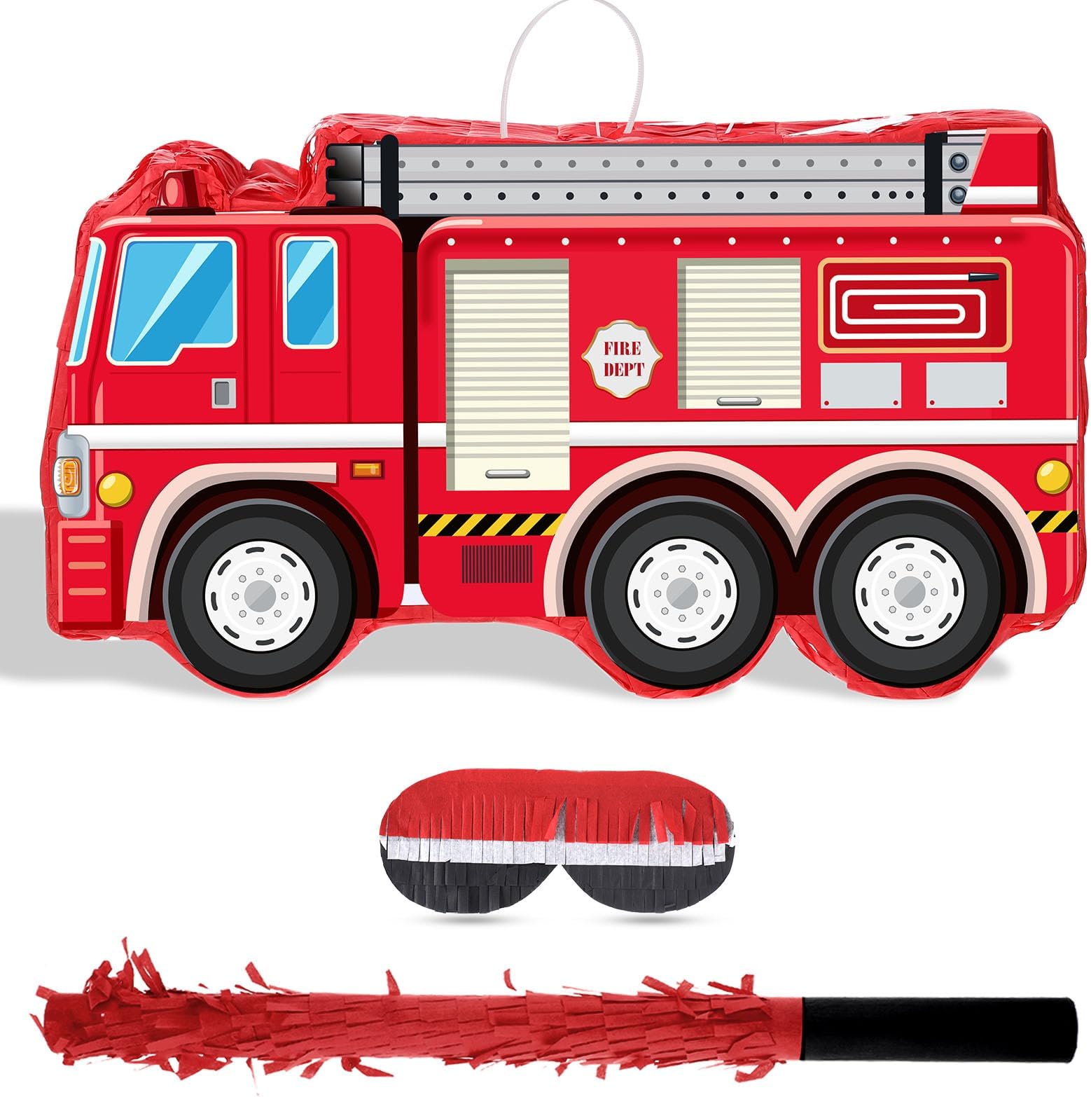 Aoriher Fire Truck Pinata with Hanging Loop Blindfold Bat and Confetti Filler for Kids Boys Firefighter Firetruck Theme Birthday Party Decorations Supplies, 16.14 x 8.9 x 3.15 Inches