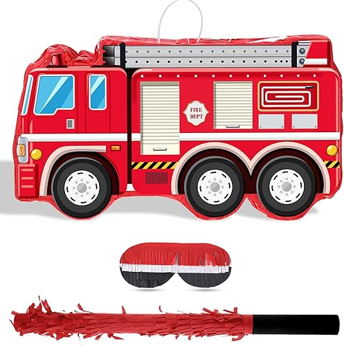 Piñata de camión de bomberos con lazo para colgar, murciélago y relleno de confeti para niños y niños, suministros de decoración de fiesta de