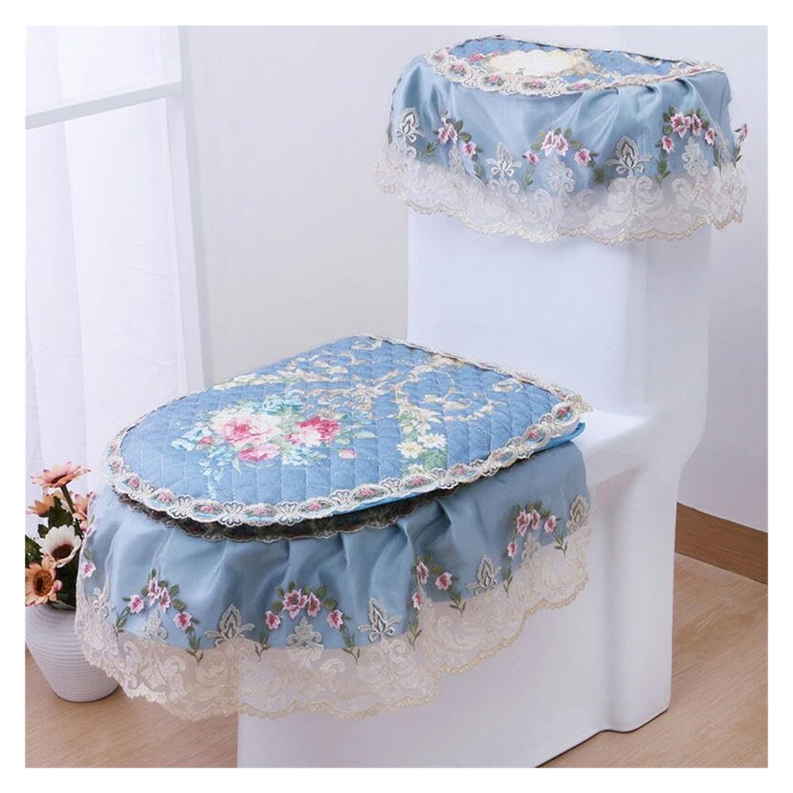 Tapas de inodoro y cubiertas de tanque Asiento de inodoro, cojín for asiento de inodoro, juego de tapa de inodoro de terciopelo de chenilla con encaje, tapa de inodoro y tapas de tanque, almohadillas