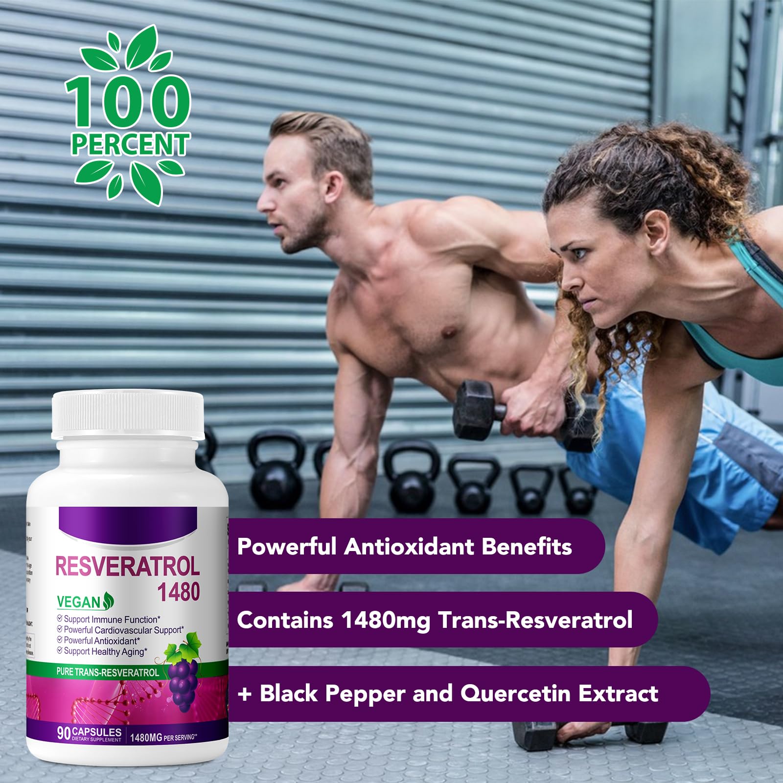 1480mg Resveratrol Kapseln, 1000mg Trans-Resveratrol mit Quercetin 300mg für Herz, Haut und Anti-Aging-Antioxidans I 90 Kapseln