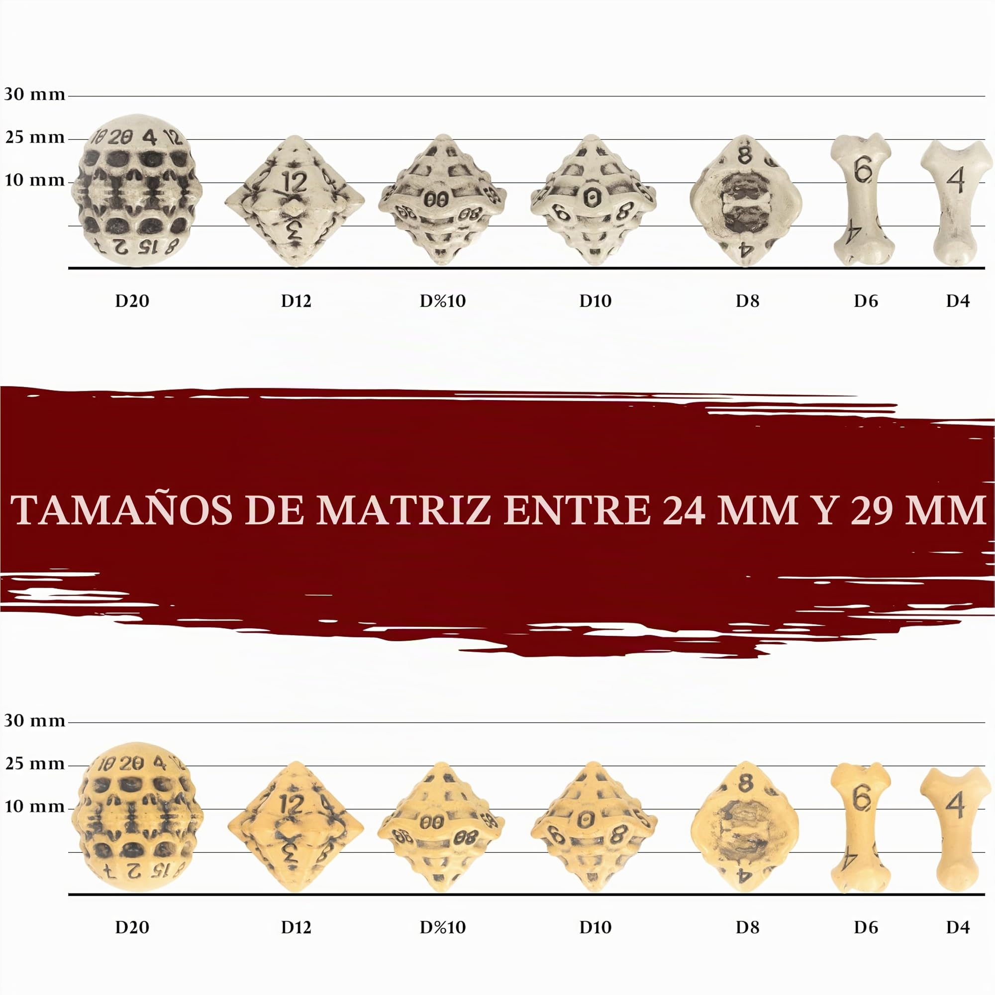 Set de Dados DND - Conjunto de 7 Dados de rol de Calavera y Huesos p/Juego de rol - D20, D12,%D10, D10, D8, D6 y D4. D&D Dice Set p/Dragones y Mazmorras/Dungeons & Dragons, Warhammer (Blanco)