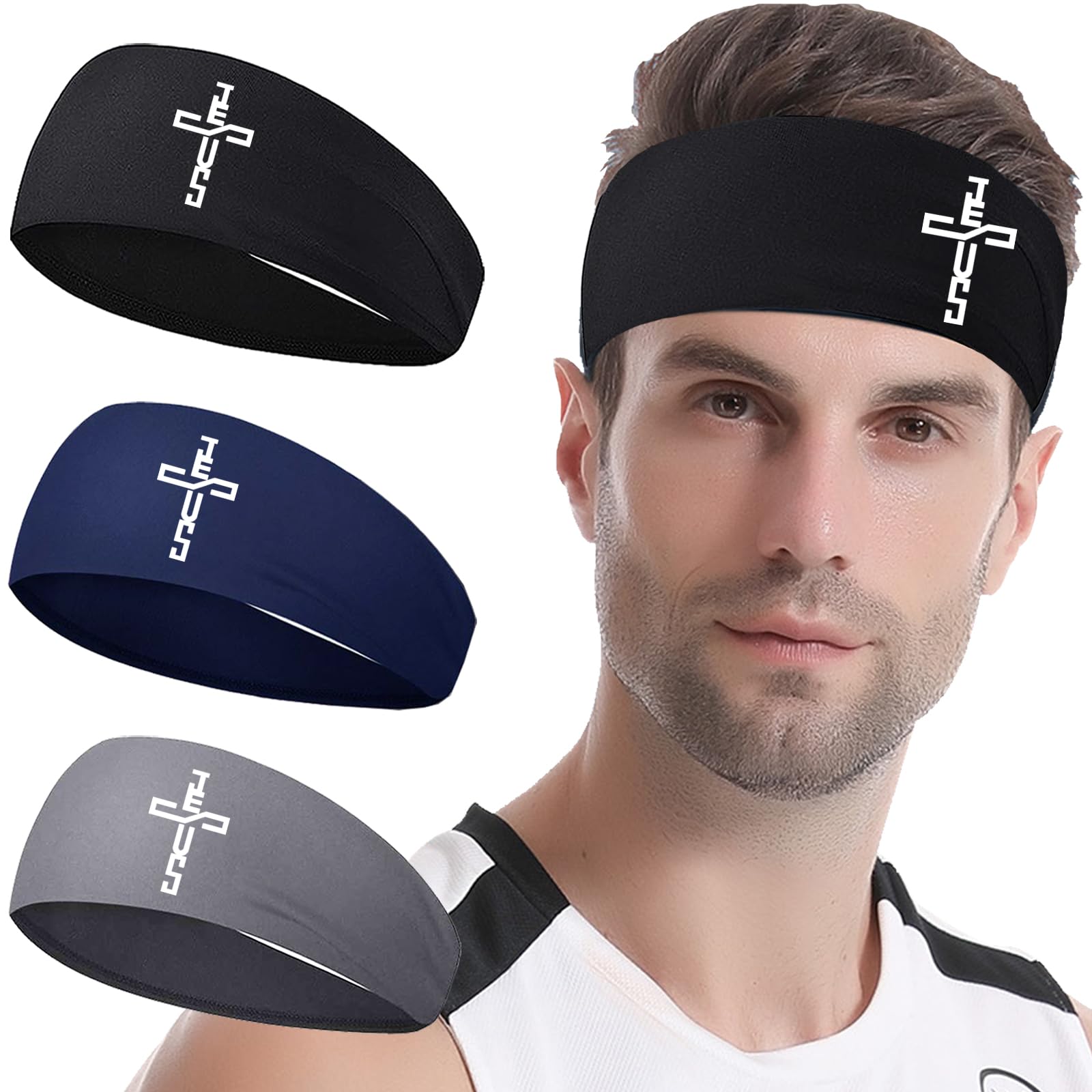 3pcs Sweat Bands Headbands Men Sweatbands Headbands for Women Christian CrossSports Running