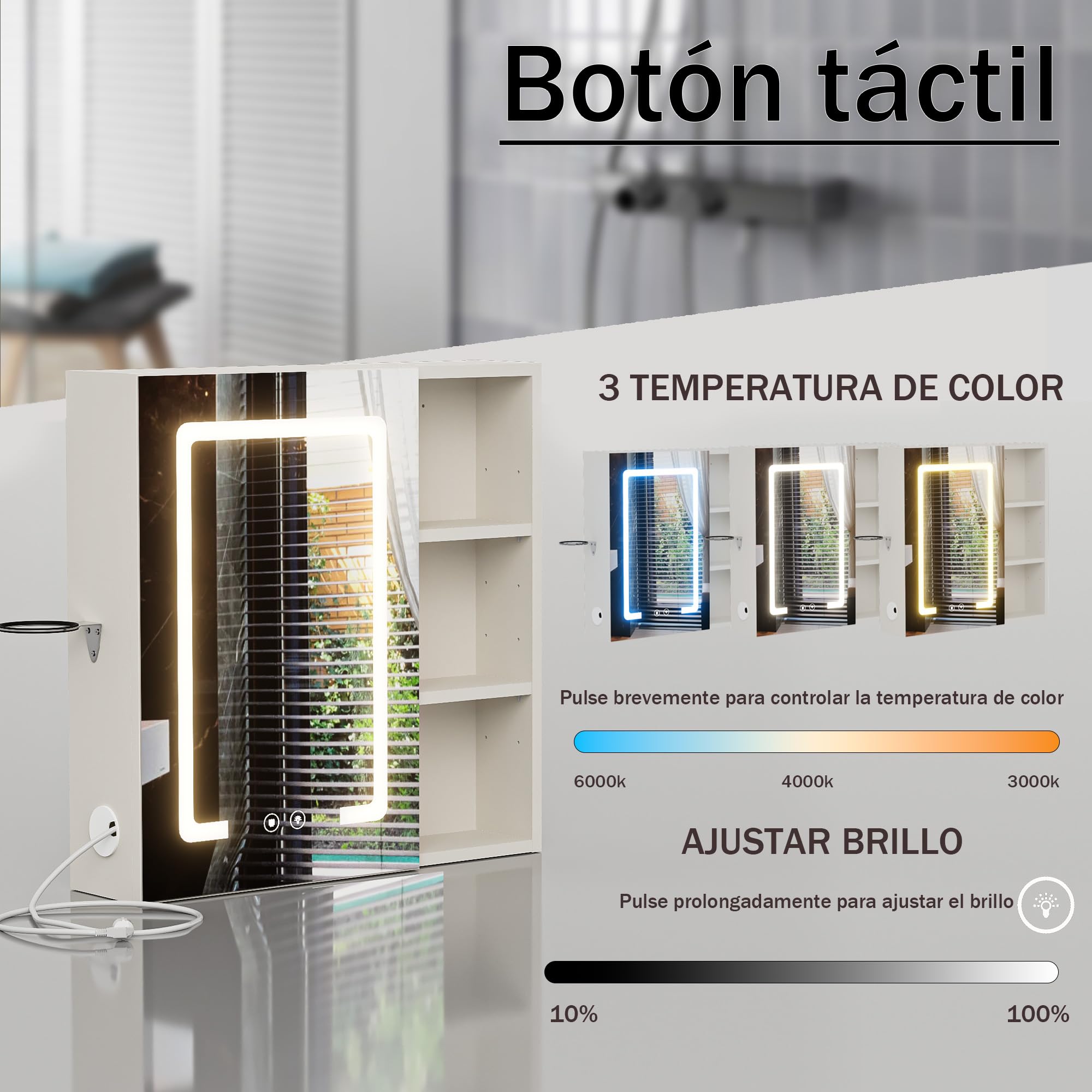 Armario Baño con Espejo LED iluminación y Función de desempañadora Armario Baño Espejo de Pared con 3 Estanteria Ajustables y Soporte para Secador de Pelo 60x60x15 cm Blanco
