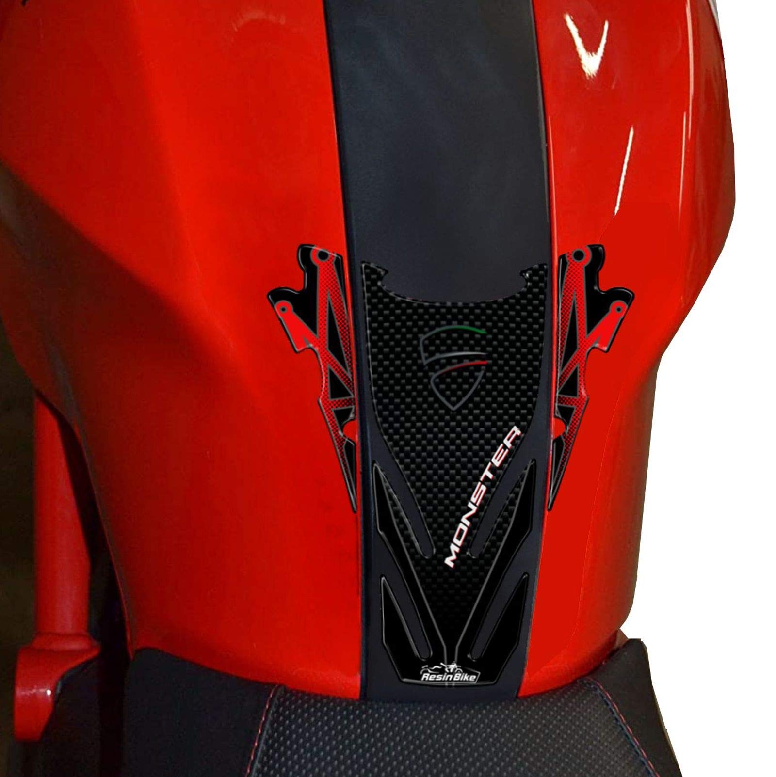 Resin Bike Adesivi Moto Compatibile con Ducati Monster. Protezione Paraserbatoio da Urti e Graffi. Adesivo 3D Resinato per Serbatoio Moto - Effetto Carbonio e Rosso